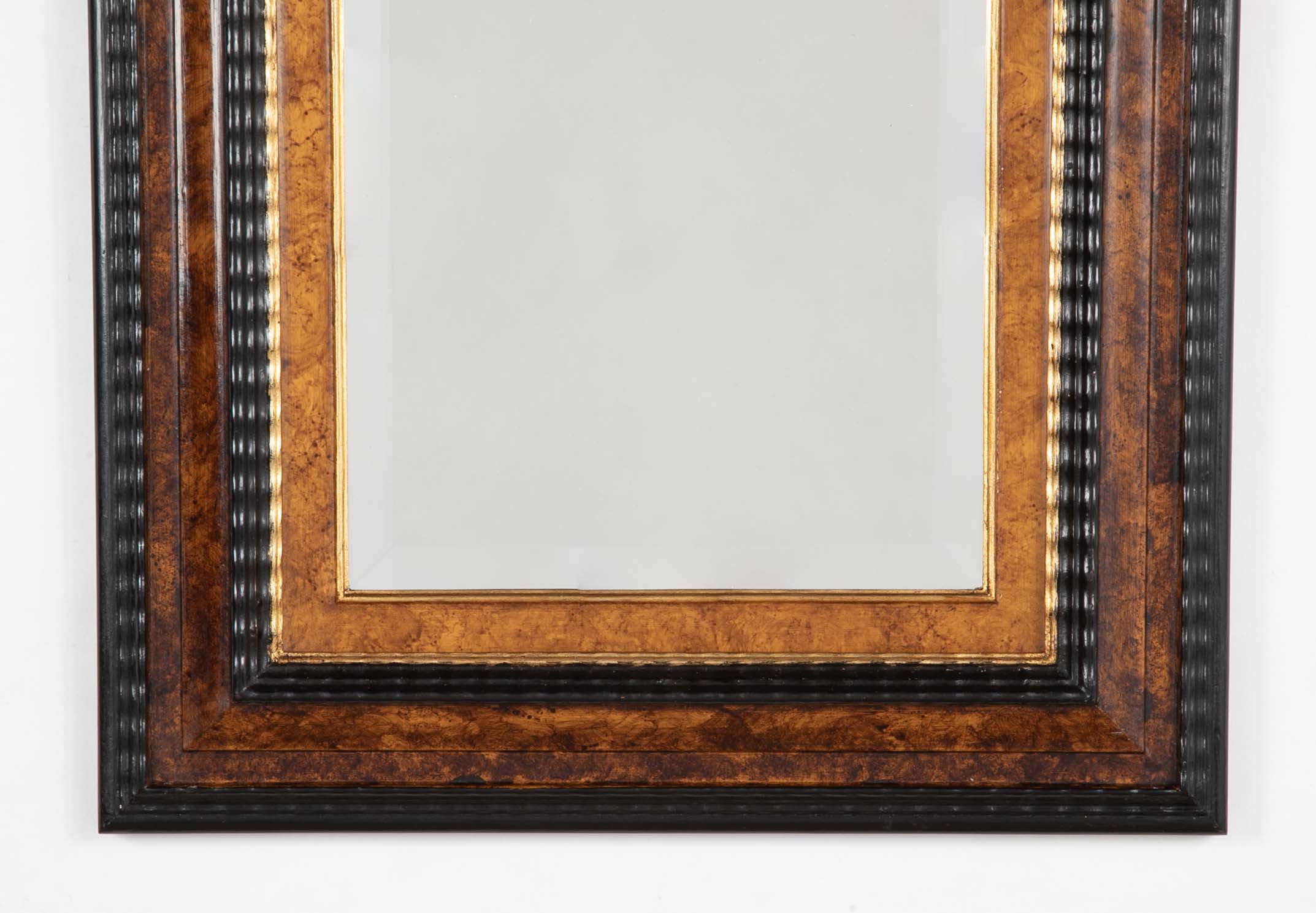 Dutch Baroque Style Ebonized Gilt Ripple Mold Framed Mirror with Beveled Glass