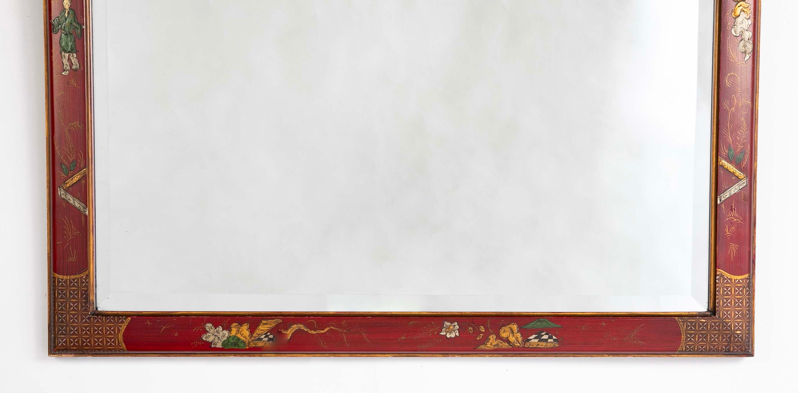 Queen Anne Style Chinoiserie Red Lacquer and Gilt Mirror with Beveled Glass