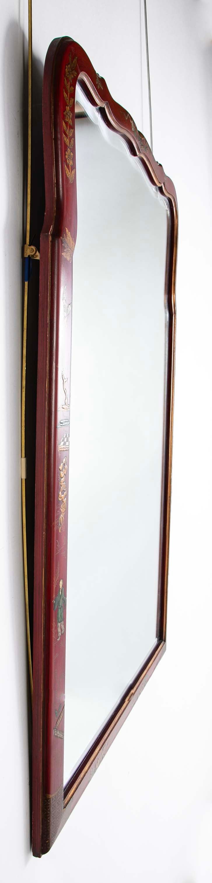 Queen Anne Style Chinoiserie Red Lacquer and Gilt Mirror with Beveled Glass