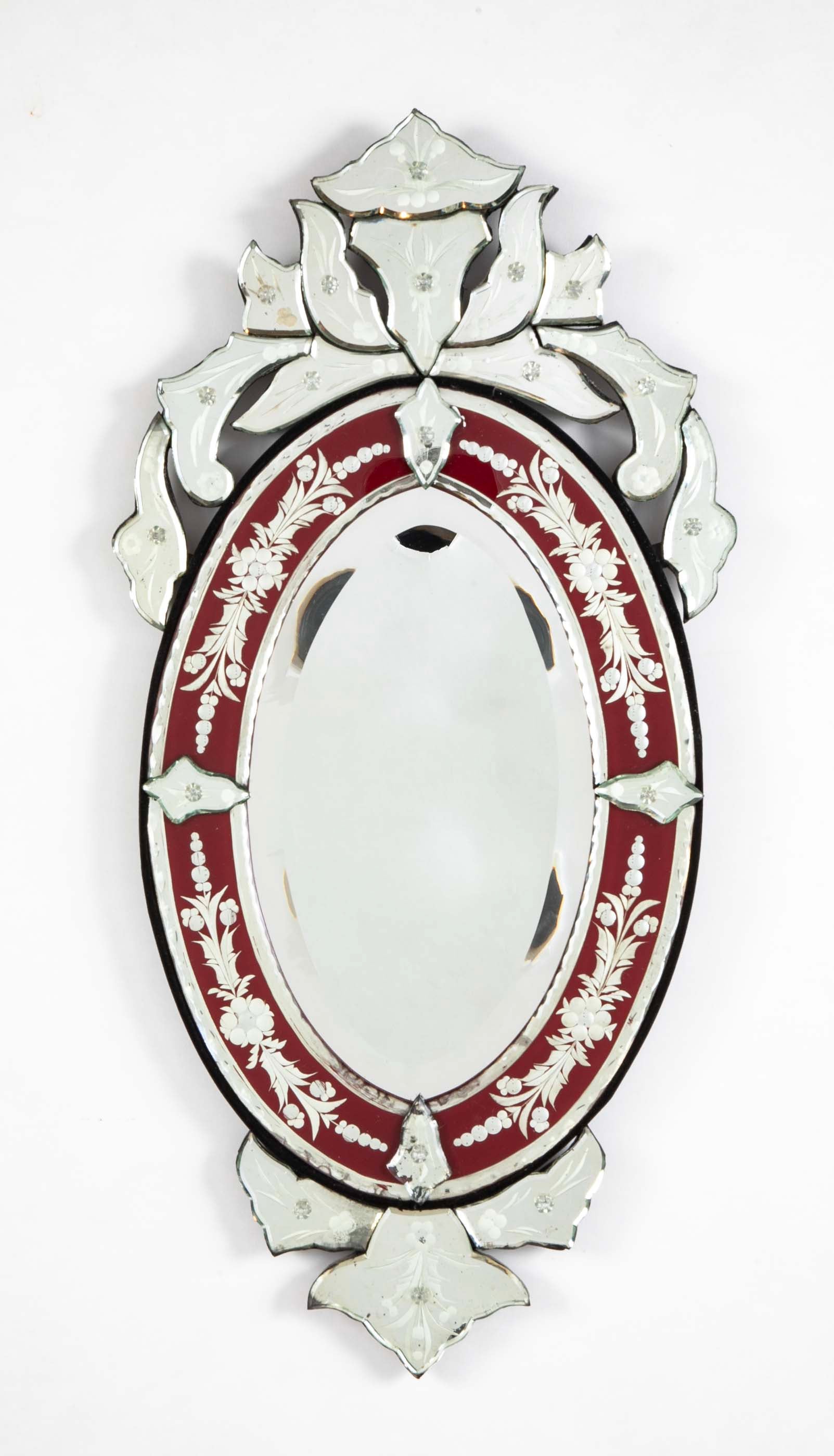 Venetian Etched Red and Silver Glass Rococo Oval Mirror