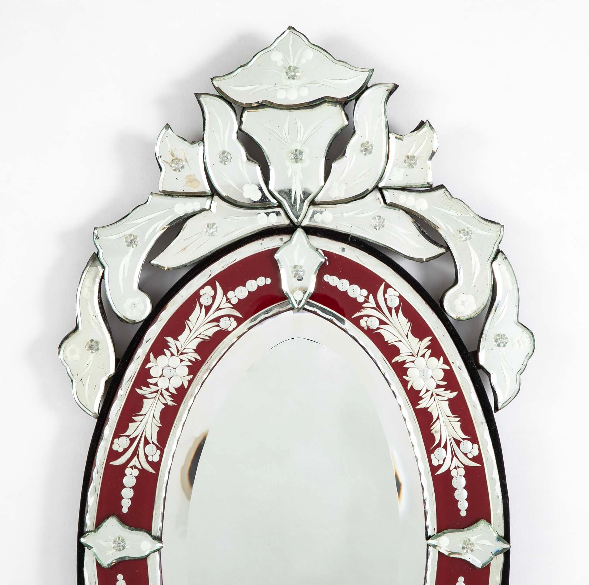 Venetian Etched Red and Silver Glass Rococo Oval Mirror