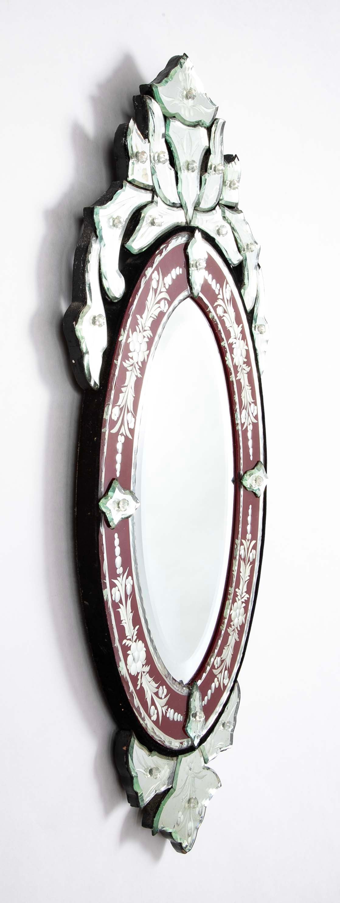 Venetian Etched Red and Silver Glass Rococo Oval Mirror