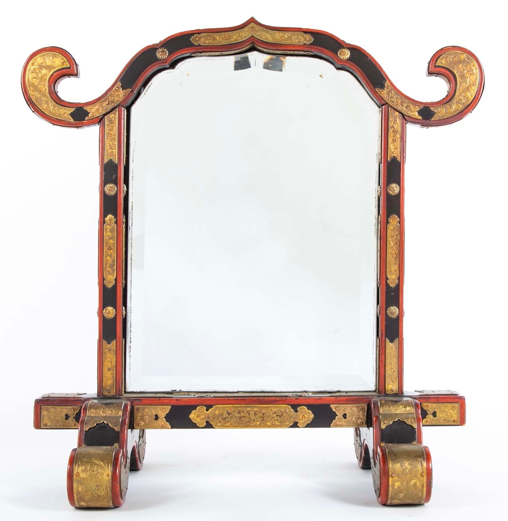 19th Century Japanese Red & Black Lacquer Table Mirror with Gilt Brass Mounts