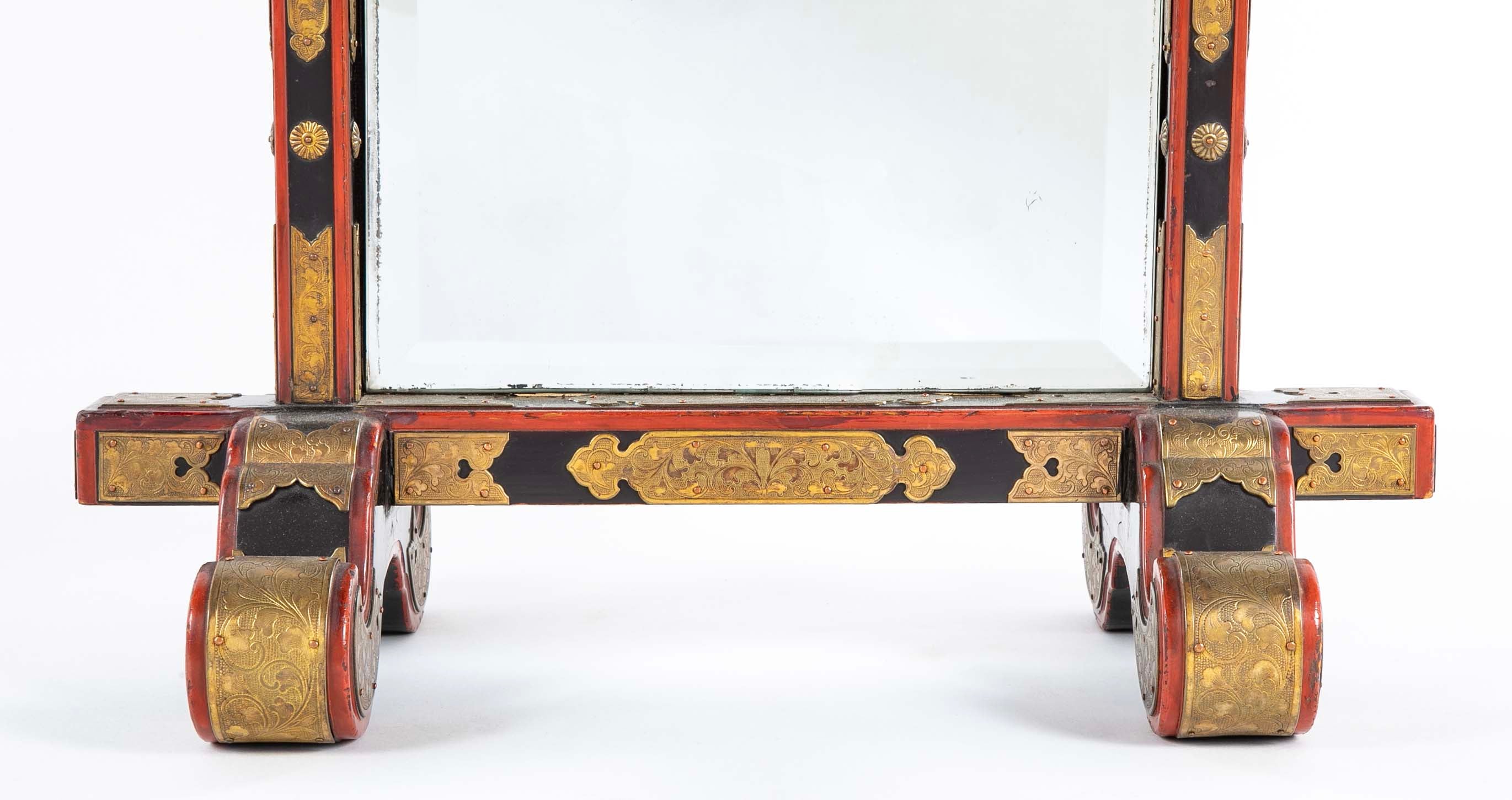 19th Century Japanese Red & Black Lacquer Table Mirror with Gilt Brass Mounts