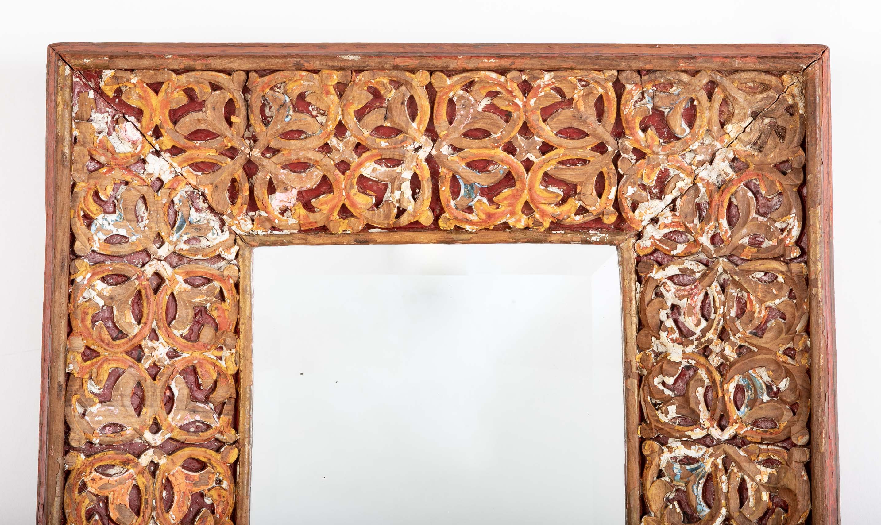 18th Century Spanish Colonial Carved and Painted Frame with Mirror