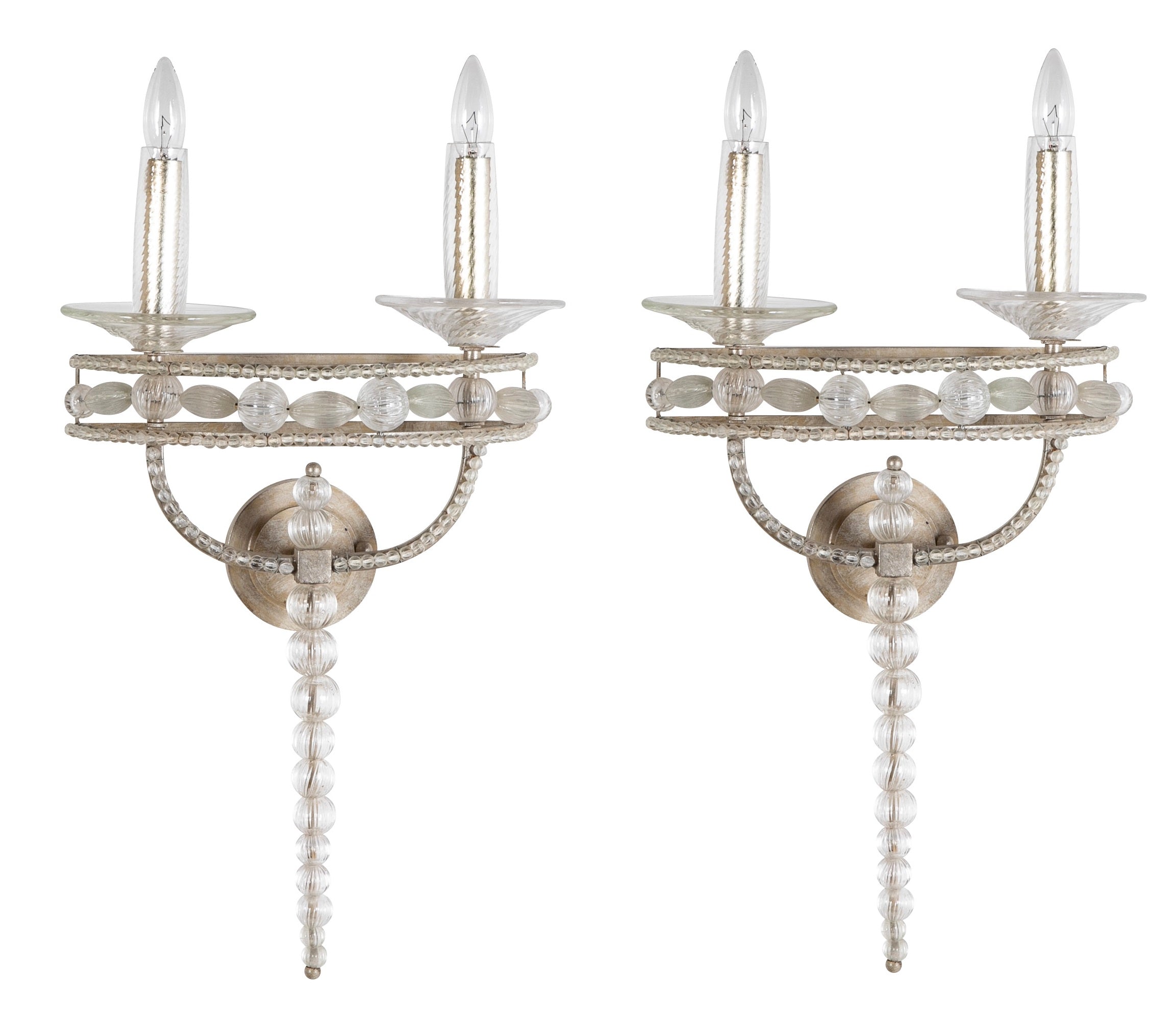 Pair Murano Style Silvered Metal and Glass Two Light Wall Sconces