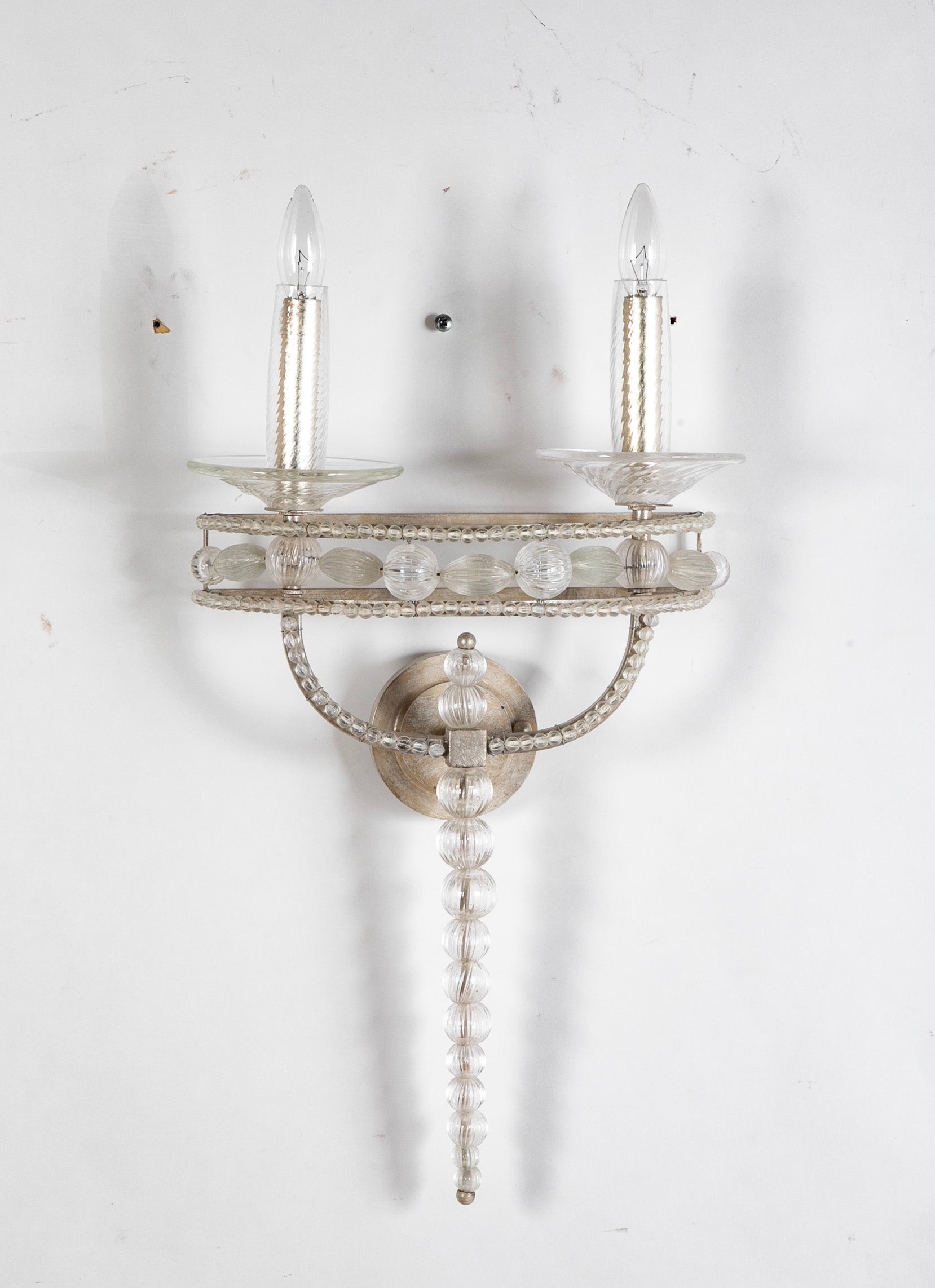 Pair Murano Style Silvered Metal and Glass Two Light Wall Sconces