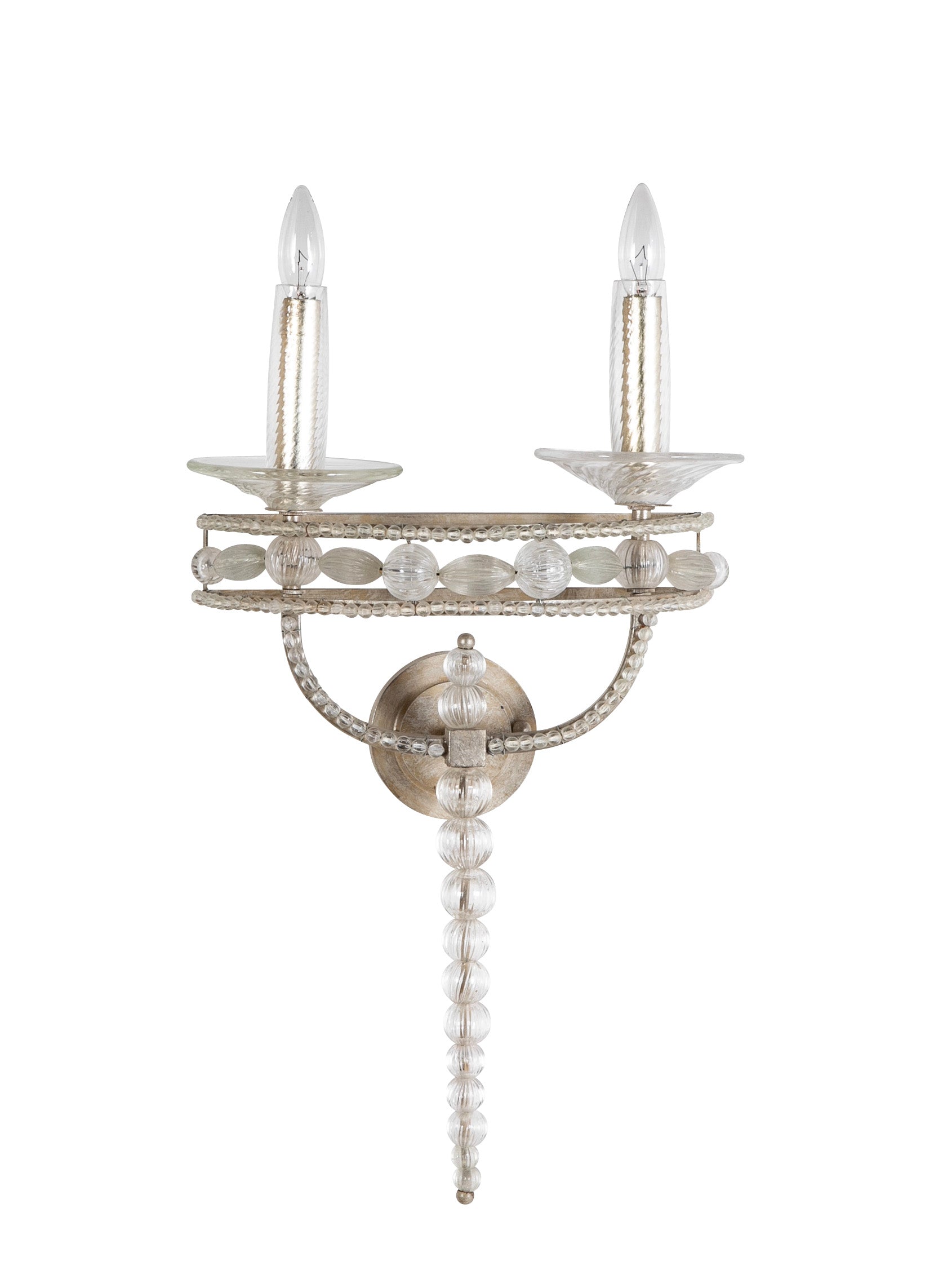 Pair Murano Style Silvered Metal and Glass Two Light Wall Sconces