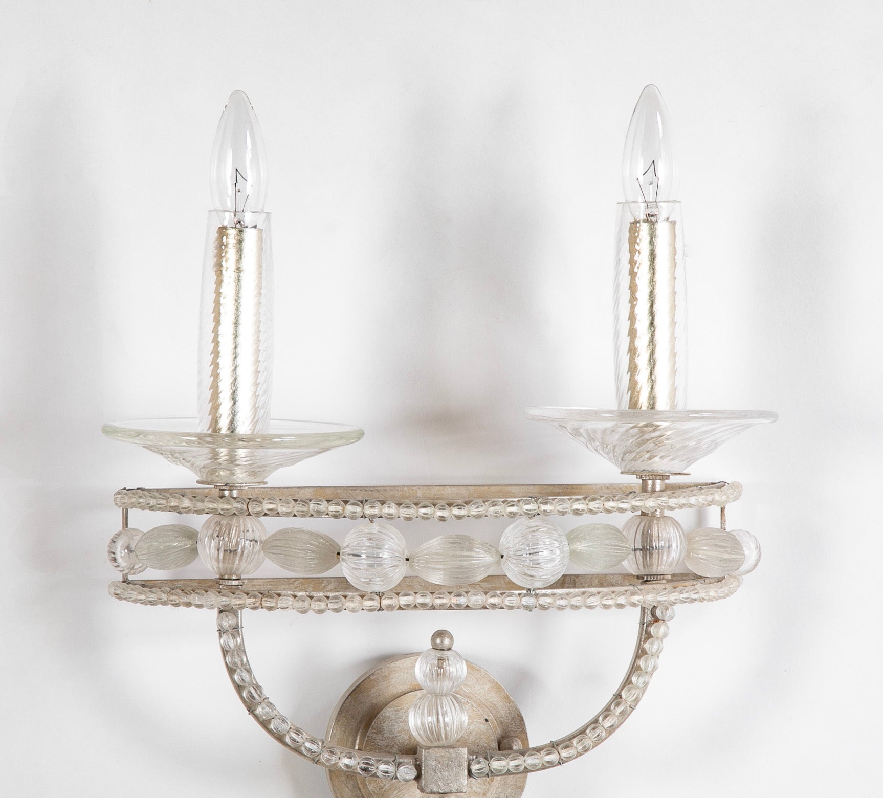 Pair Murano Style Silvered Metal and Glass Two Light Wall Sconces