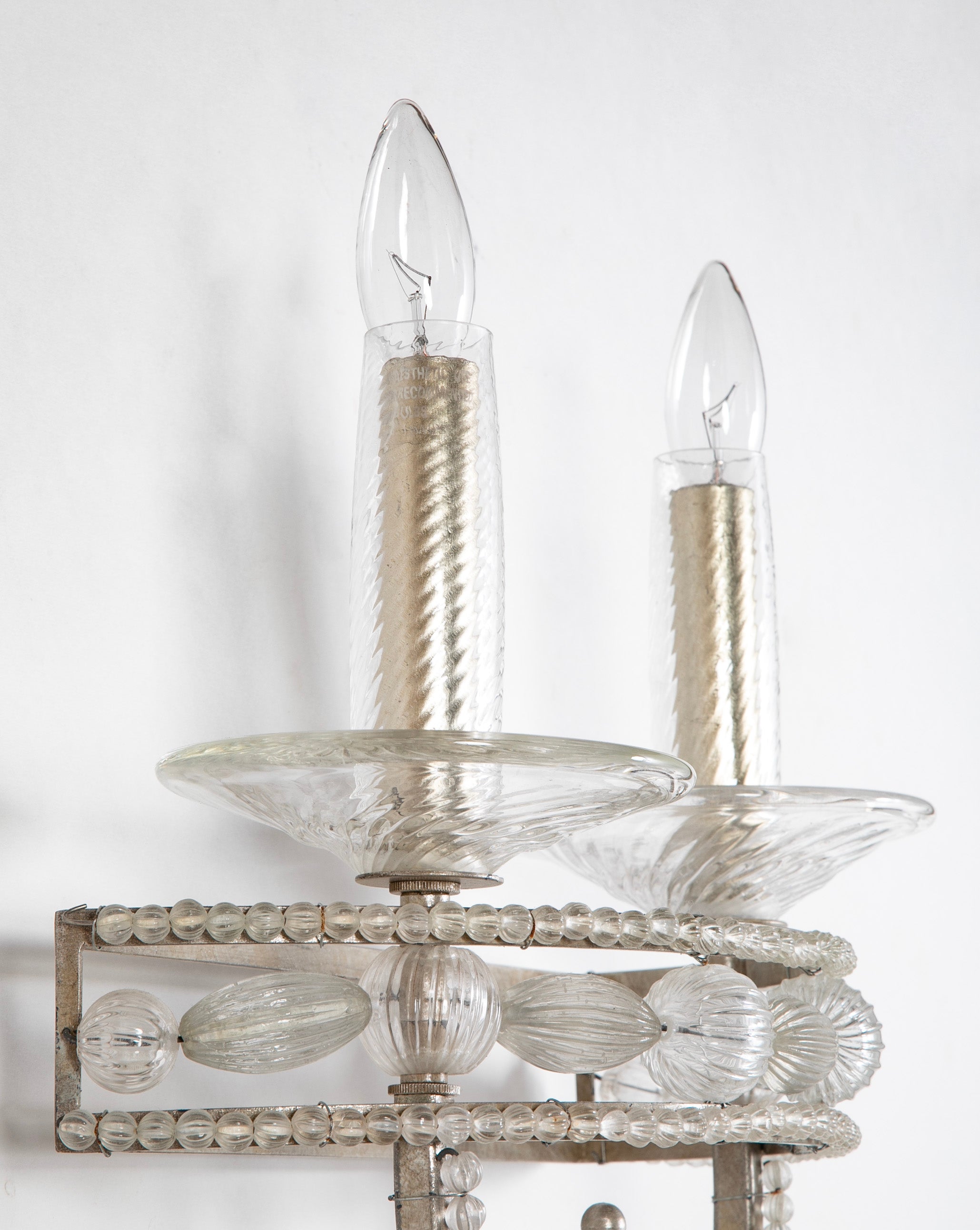 Pair Murano Style Silvered Metal and Glass Two Light Wall Sconces