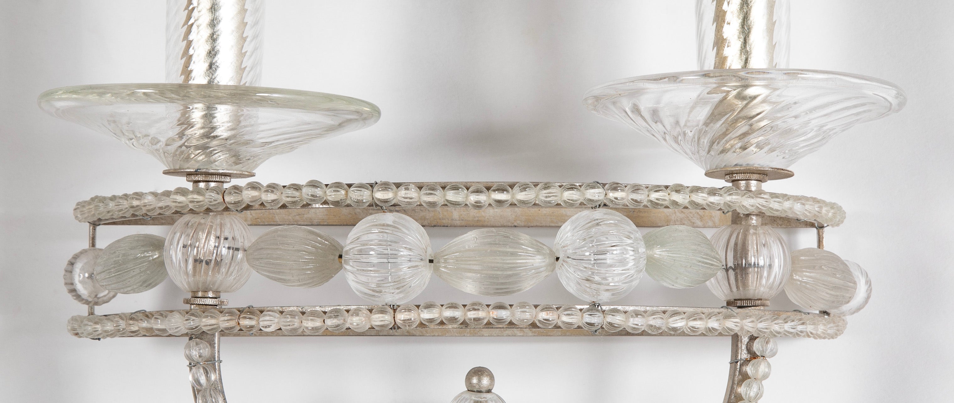 Pair Murano Style Silvered Metal and Glass Two Light Wall Sconces