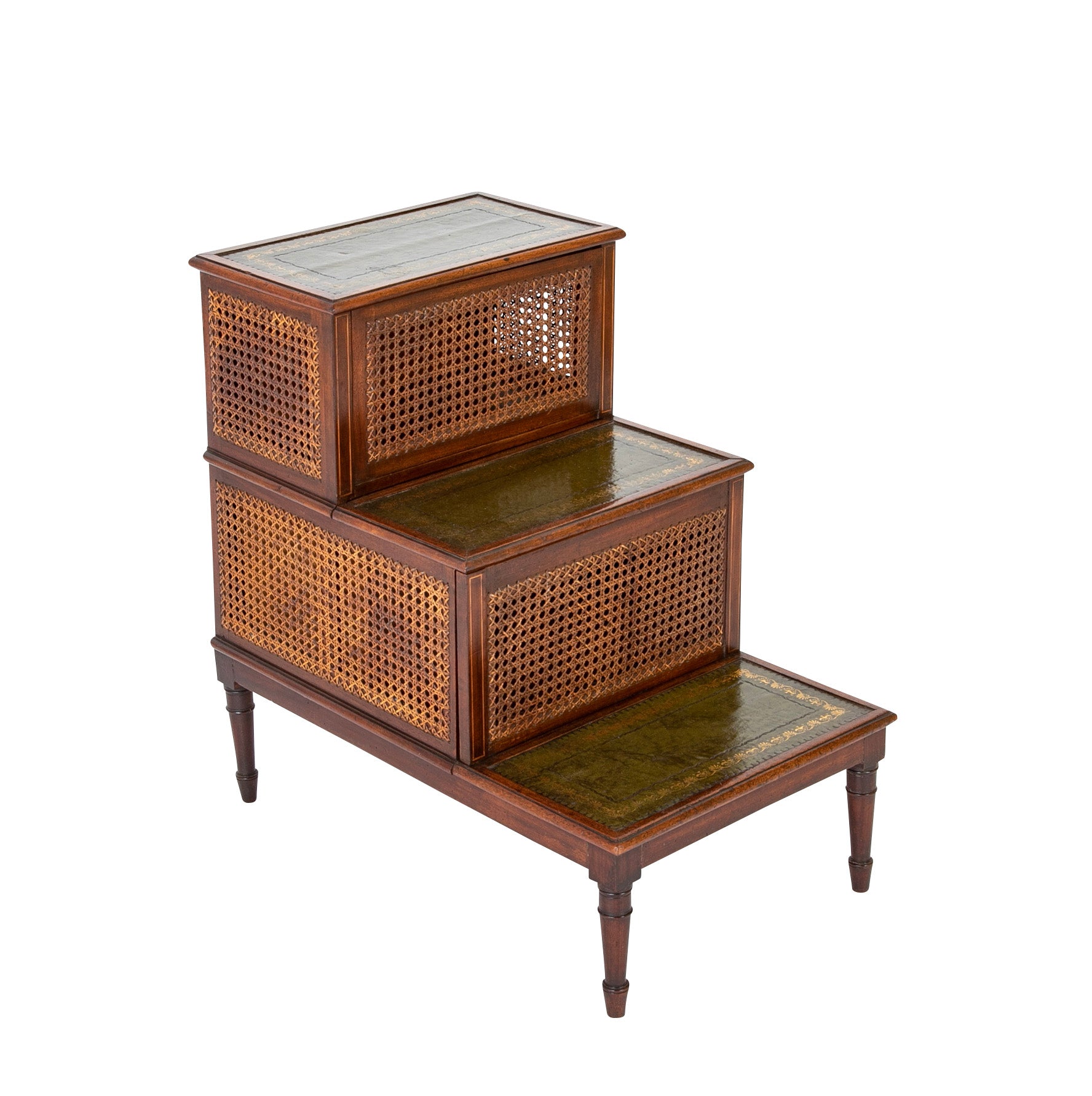 English Regency Mahogany Bed Stairs with Leather Steps & Original Caning