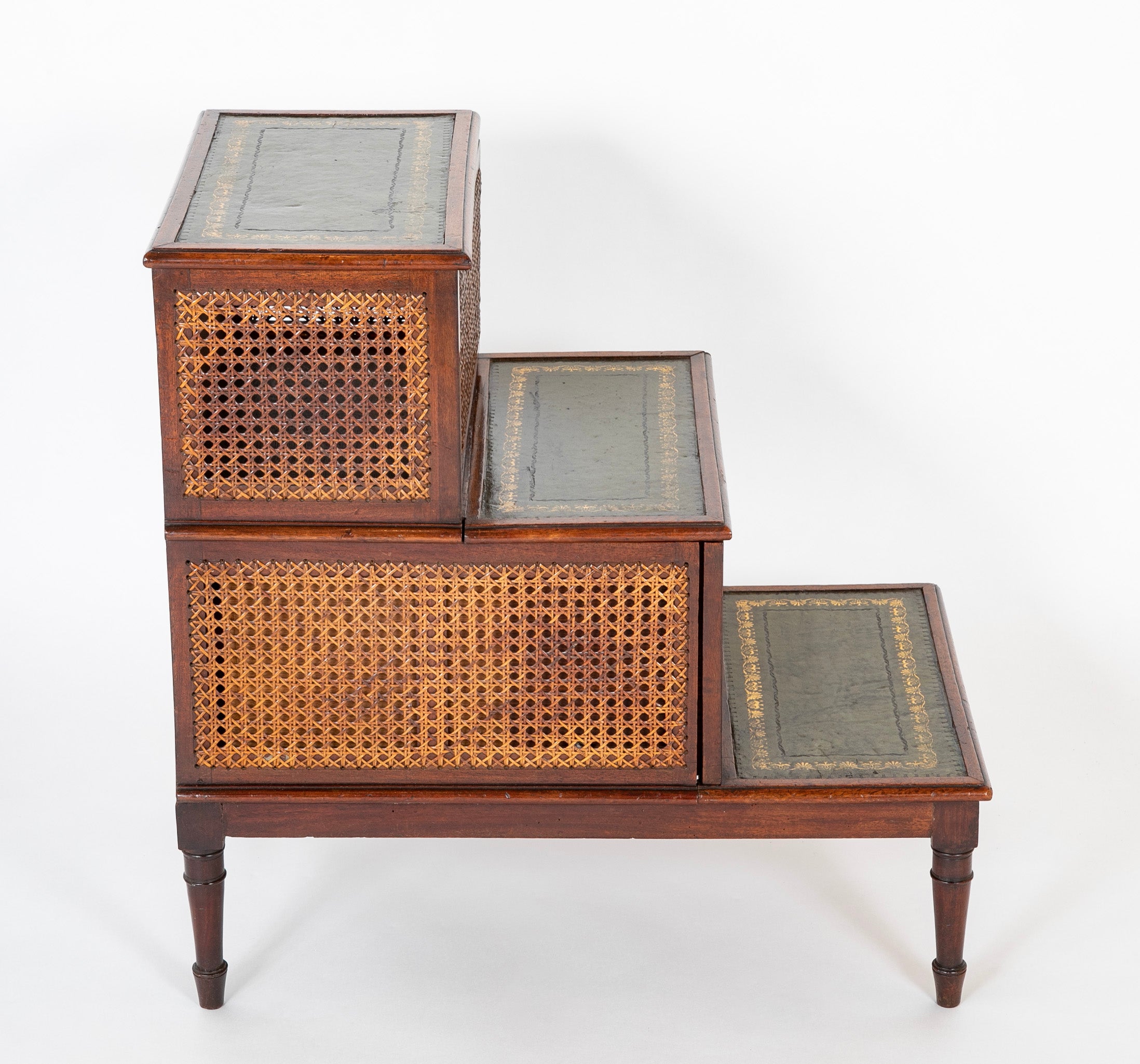 English Regency Mahogany Bed Stairs with Leather Steps & Original Caning