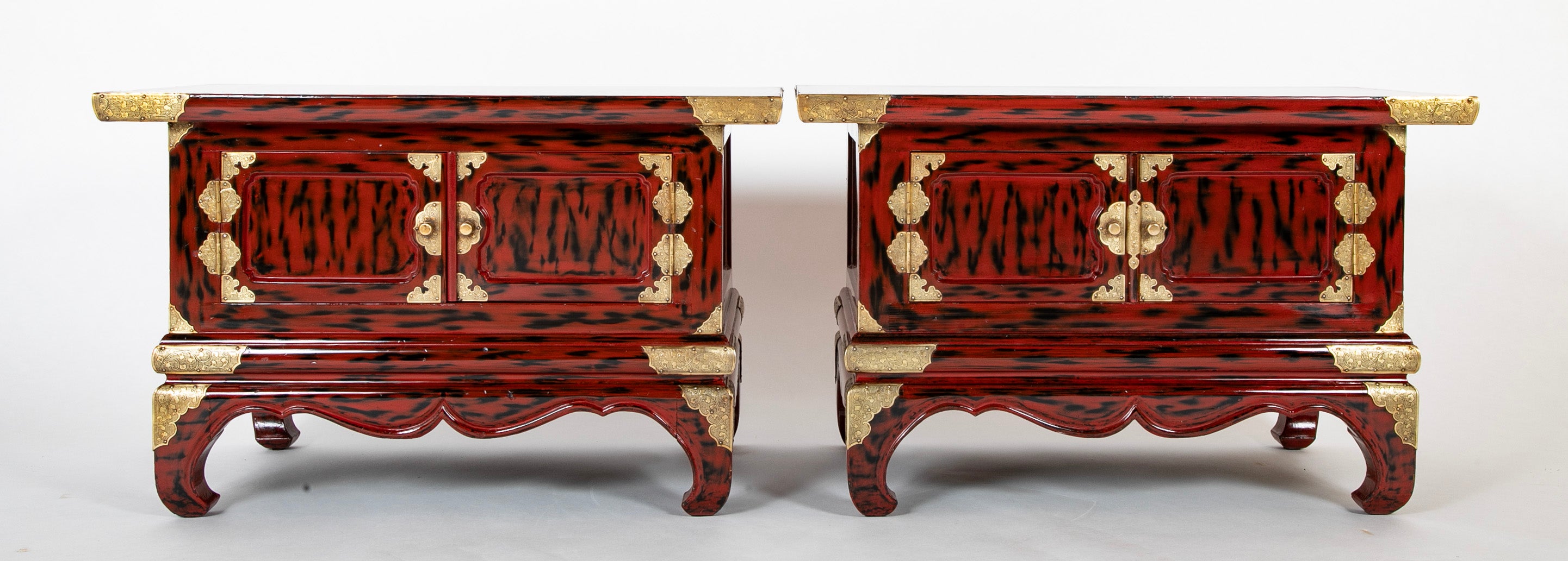 Pair Japanese Red and Black Lacquer Side Tables With Etched Brass Mounts