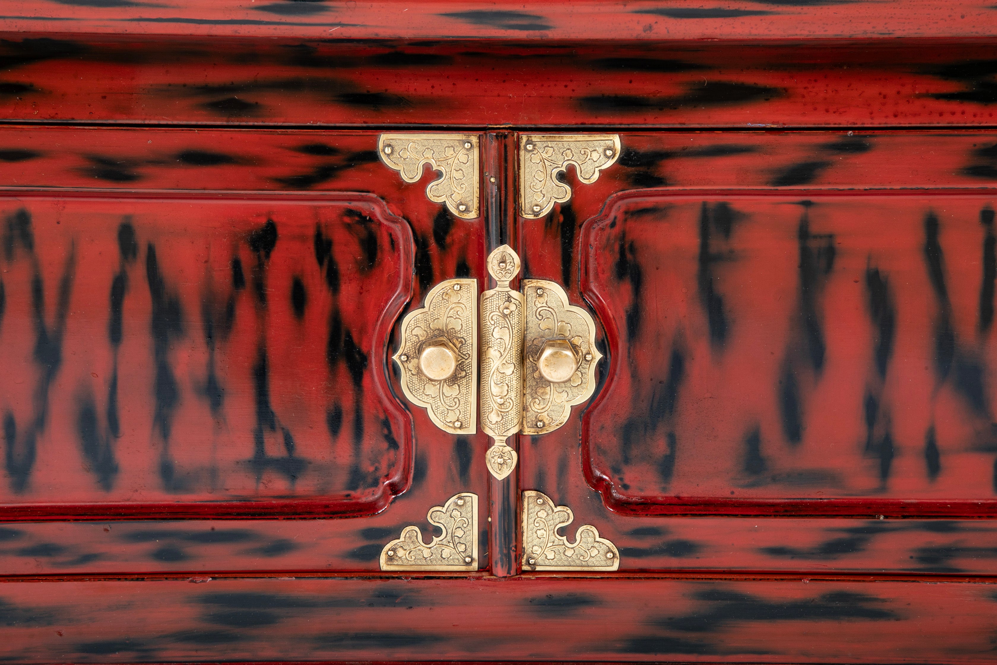 Pair Japanese Red and Black Lacquer Side Tables With Etched Brass Mounts