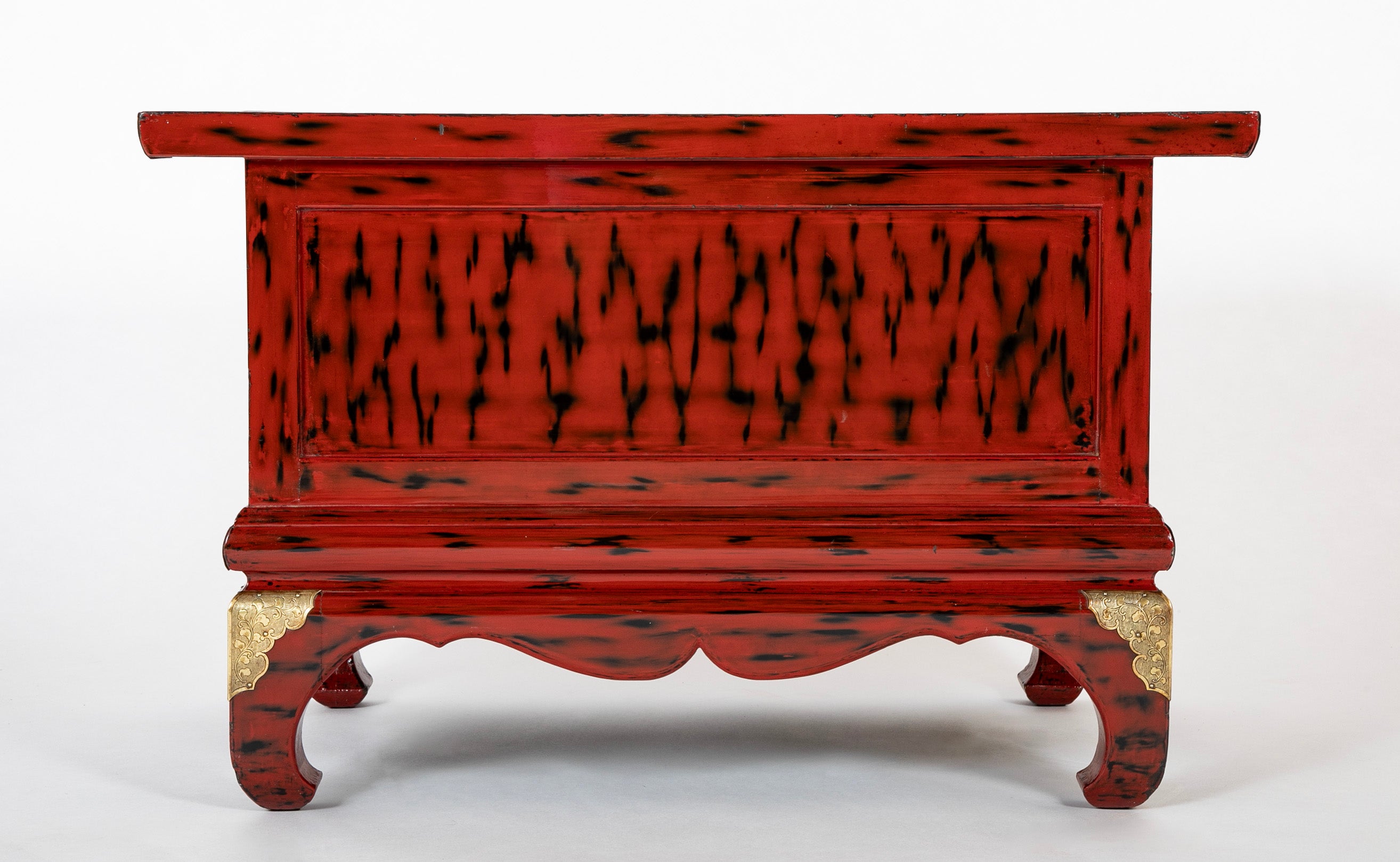 Pair Japanese Red and Black Lacquer Side Tables With Etched Brass Mounts