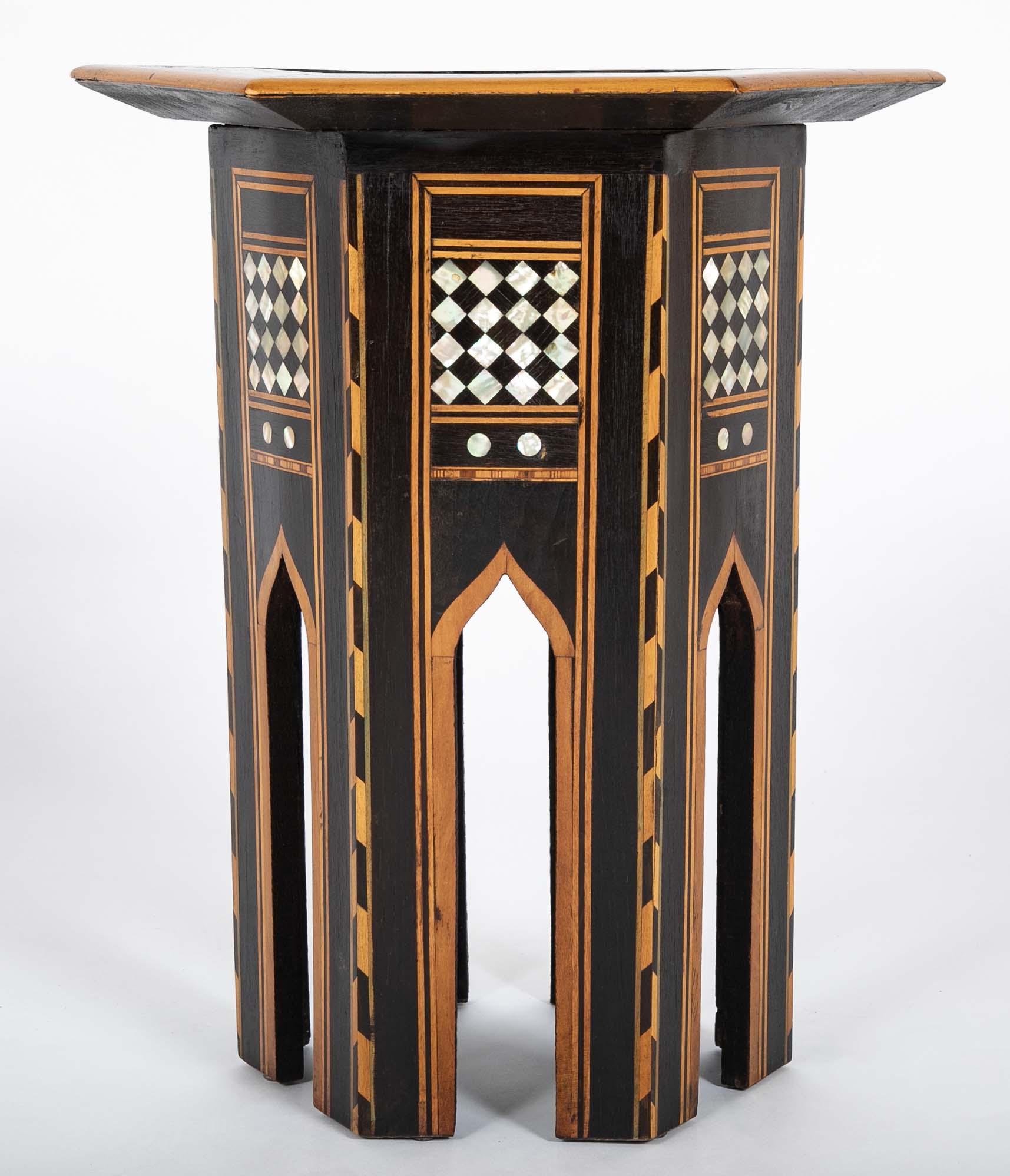 Moroccan Hexagonal Table with Mother-of-Pearl, Ebony and Fruitwood Inlay