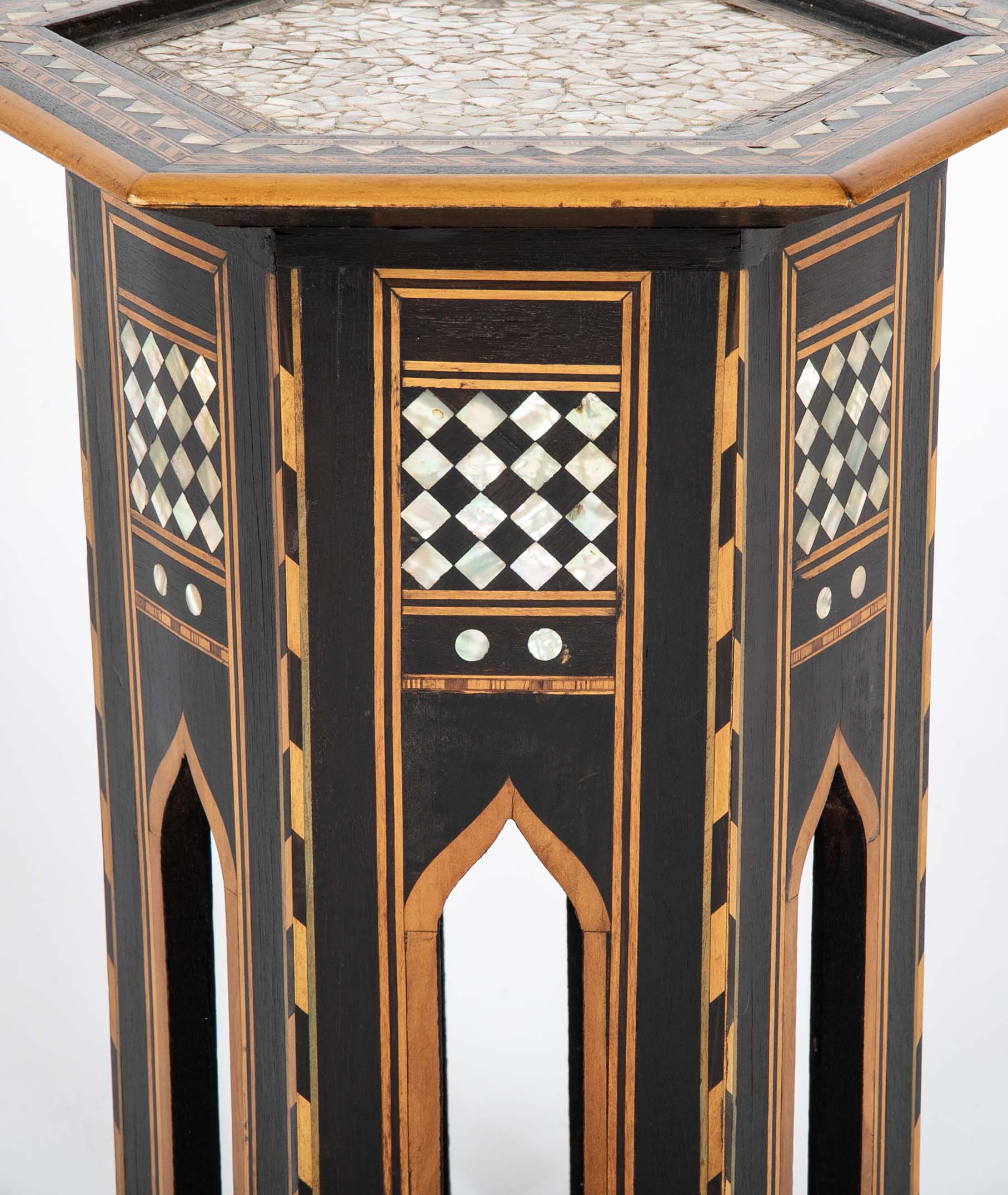 Moroccan Hexagonal Table with Mother-of-Pearl, Ebony and Fruitwood Inlay