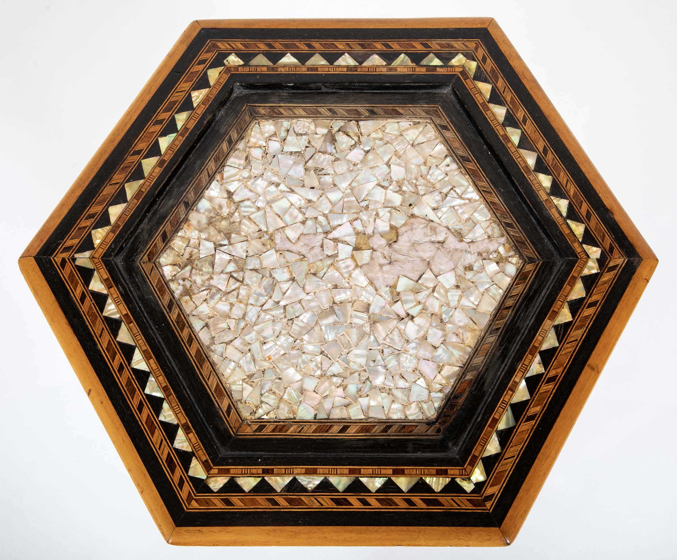 Moroccan Hexagonal Table with Mother-of-Pearl, Ebony and Fruitwood Inlay