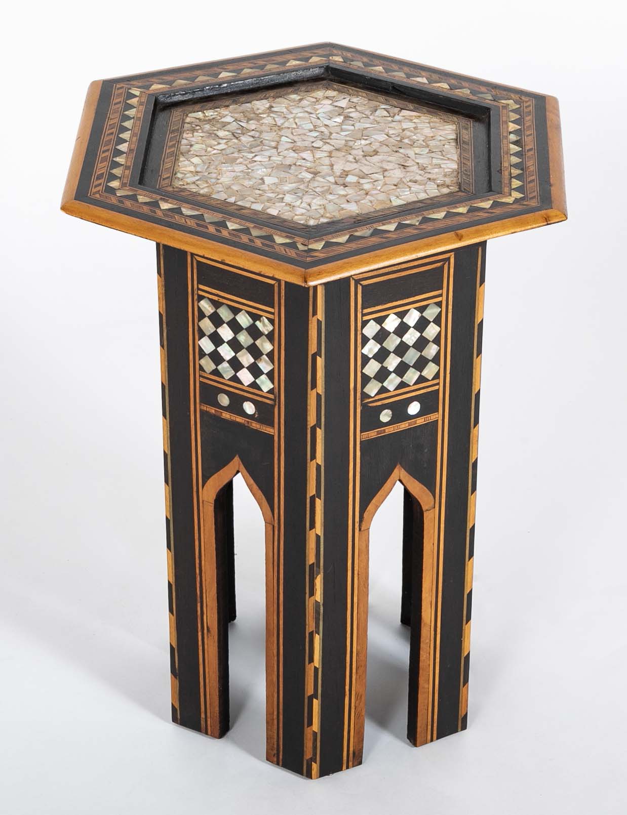 Moroccan Hexagonal Table with Mother-of-Pearl, Ebony and Fruitwood Inlay