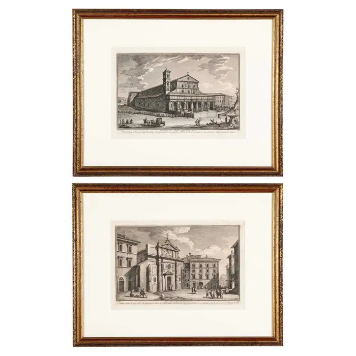 Pair 18th Century Framed Italian Etchings of Churches in Rome by Guiseppe Vasi