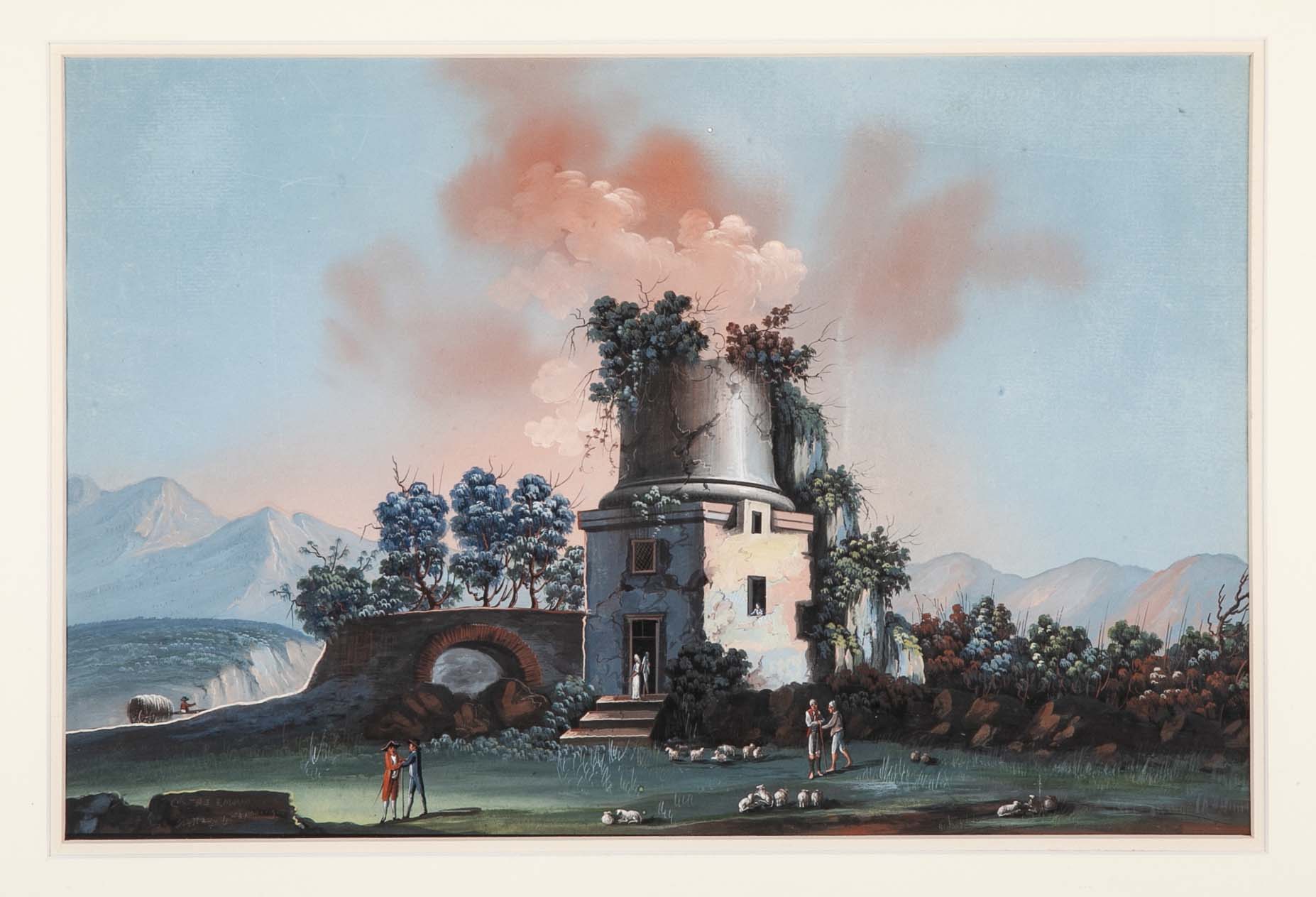 Pair 18th or 19th Century Italian Grand Tour Gouaches of Vesuvius, Bay of Naples