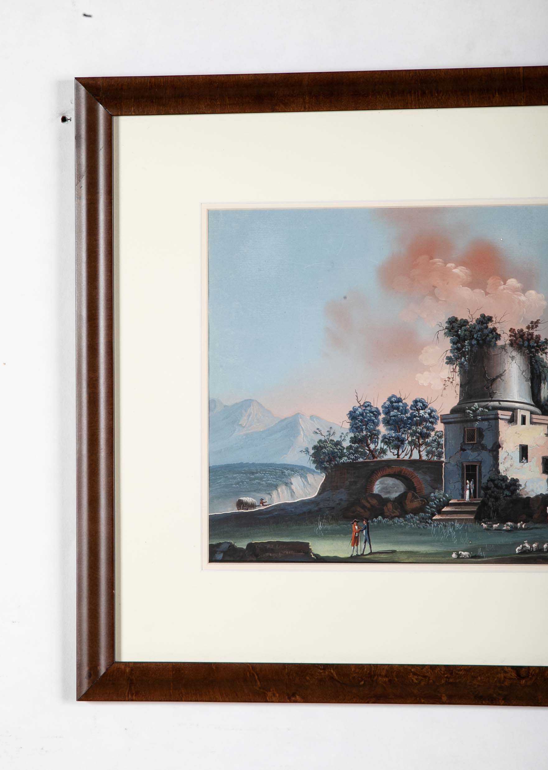 Pair 18th or 19th Century Italian Grand Tour Gouaches of Vesuvius, Bay of Naples