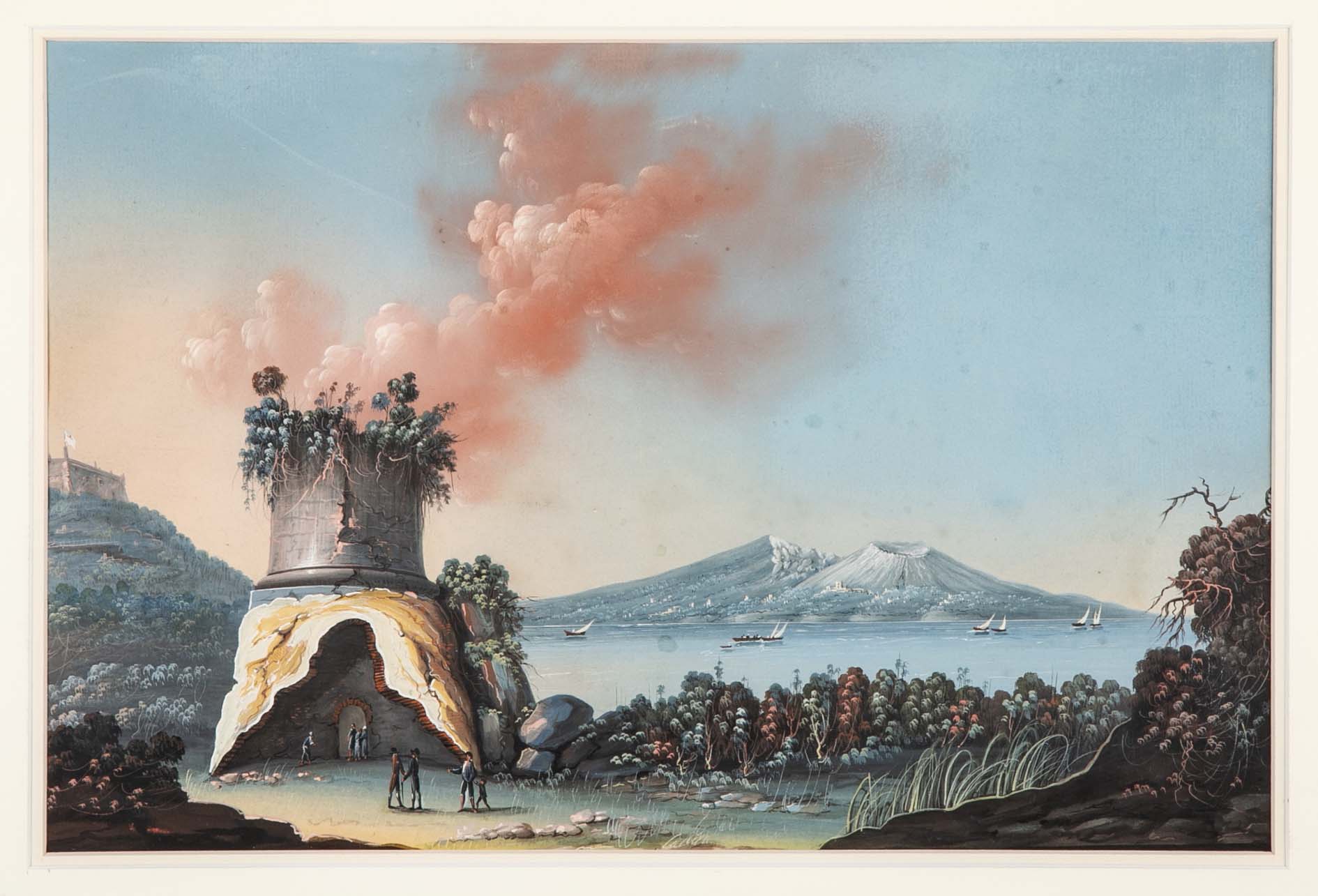 Pair 18th or 19th Century Italian Grand Tour Gouaches of Vesuvius, Bay of Naples