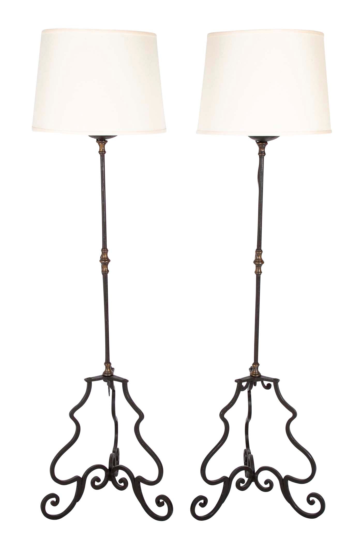 Pair Italian Baroque Style Wrought Iron and Bronze Torchere Floor Lamps
