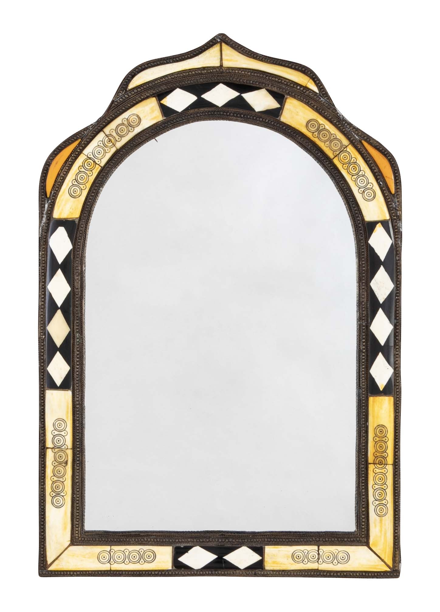 Early 20th Century Moorish Style Moroccan Incised Bone Mirror with Brass Border
