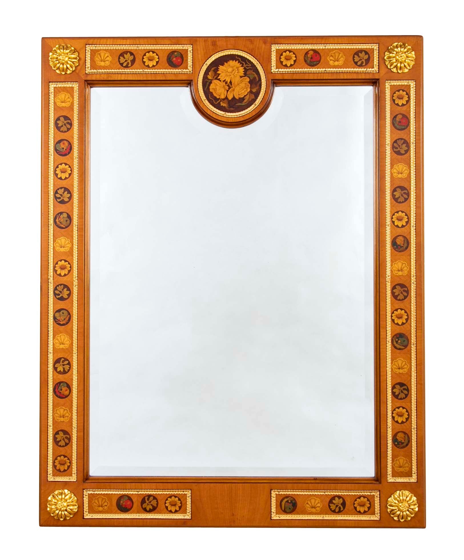 Italian Inlaid Mirror with Gilt Wood and Gilt Bronze.
