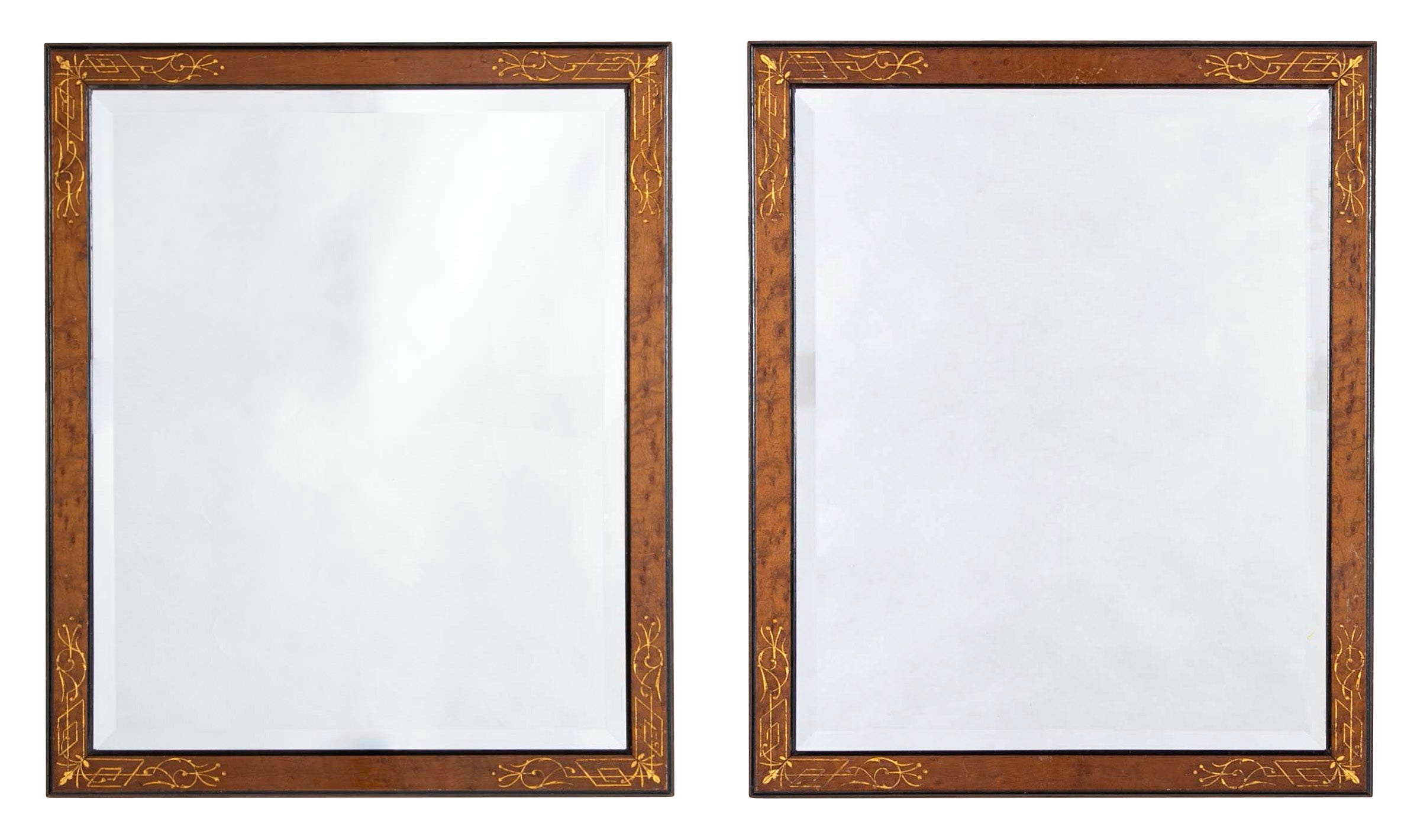 Pair of Burlwood Framed Mirror with Ebonized Borders and Incised Gilt Decorations