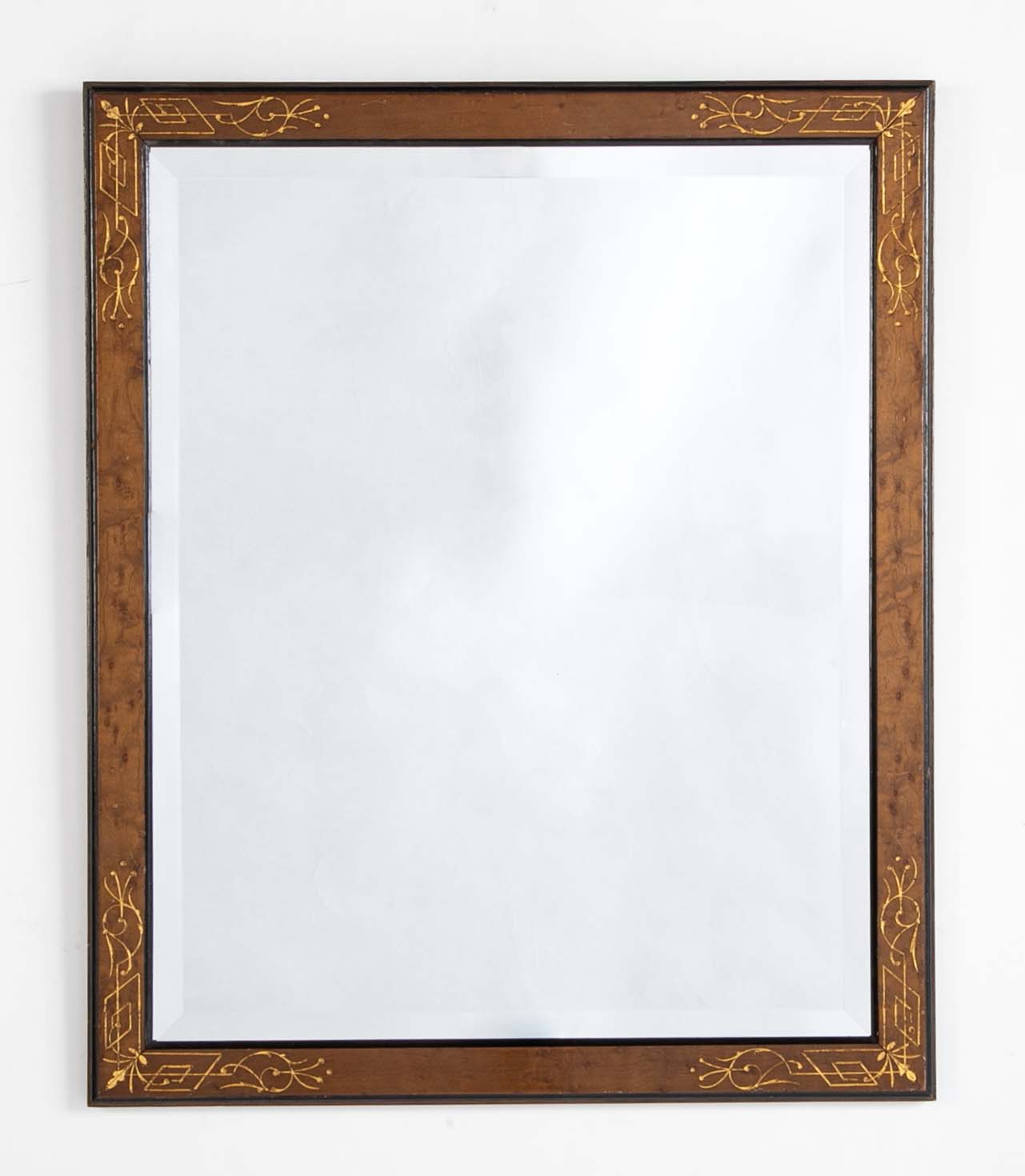 Pair of Burlwood Framed Mirror with Ebonized Borders and Incised Gilt Decorations