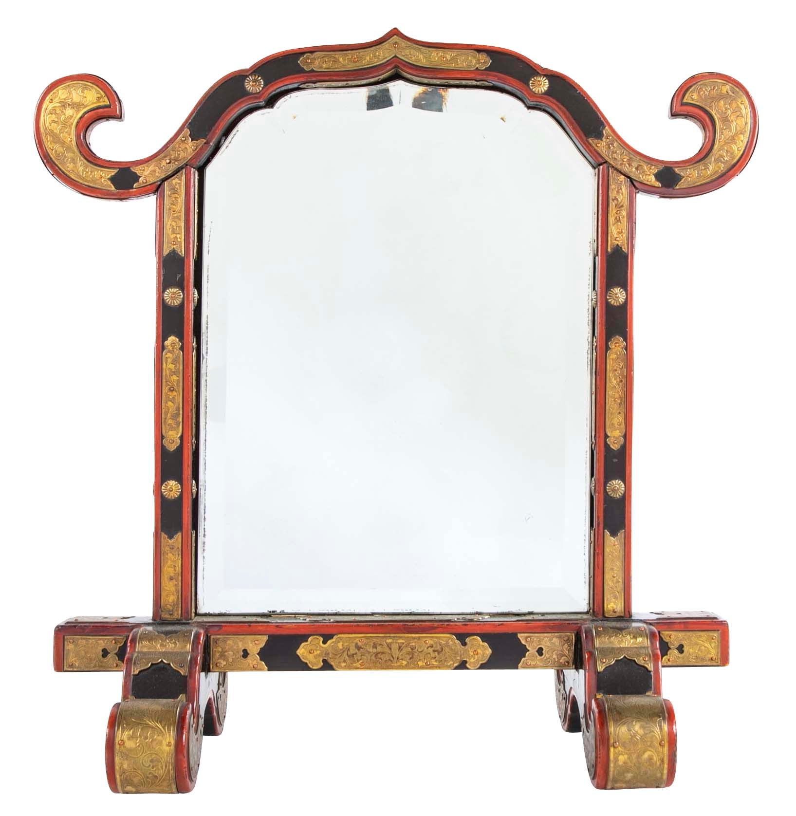 19th Century Japanese Red & Black Lacquer Table Mirror with Gilt Brass Mounts
