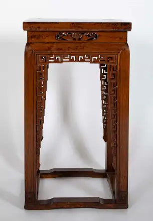 19th Century Chinese Hardwood Pedestal Stand with Carved Bat Motifs