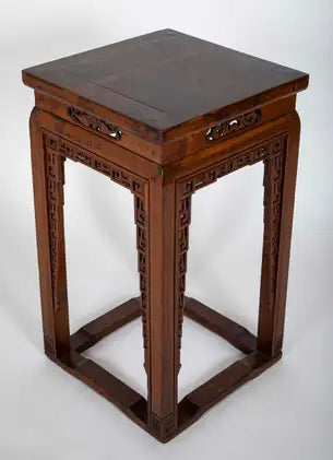 19th Century Chinese Hardwood Pedestal Stand with Carved Bat Motifs