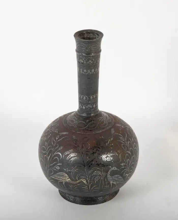 Indian Silver Inlaid Bidri Hookah Base Vase