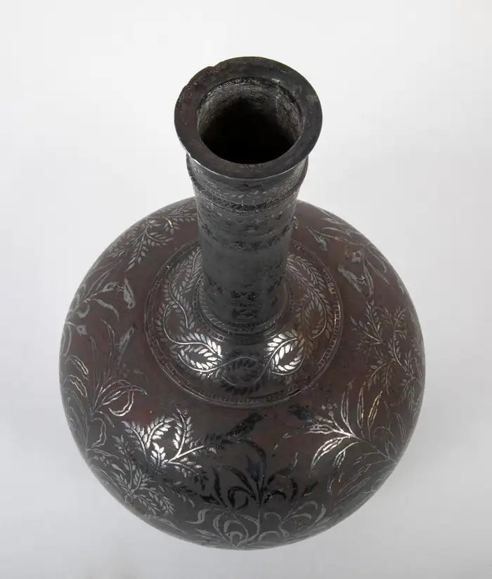 Indian Silver Inlaid Bidri Hookah Base Vase