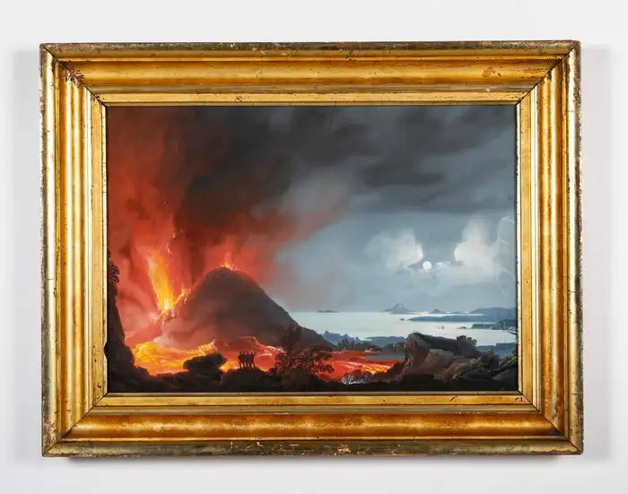 Italian Grand Tour Gouache of Mount Vesuvius Erupting at Night