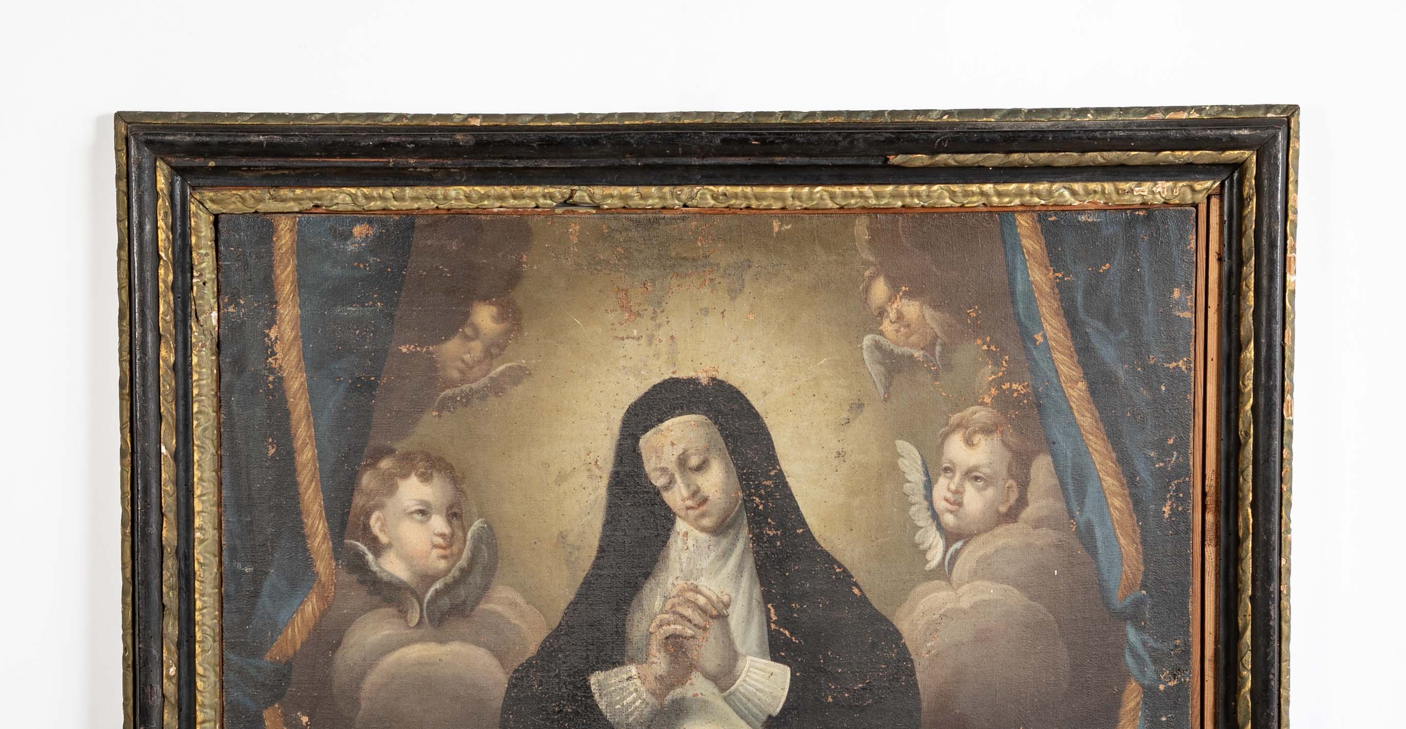 Oil Painting of a Catholic Nun Praying with Four Angels