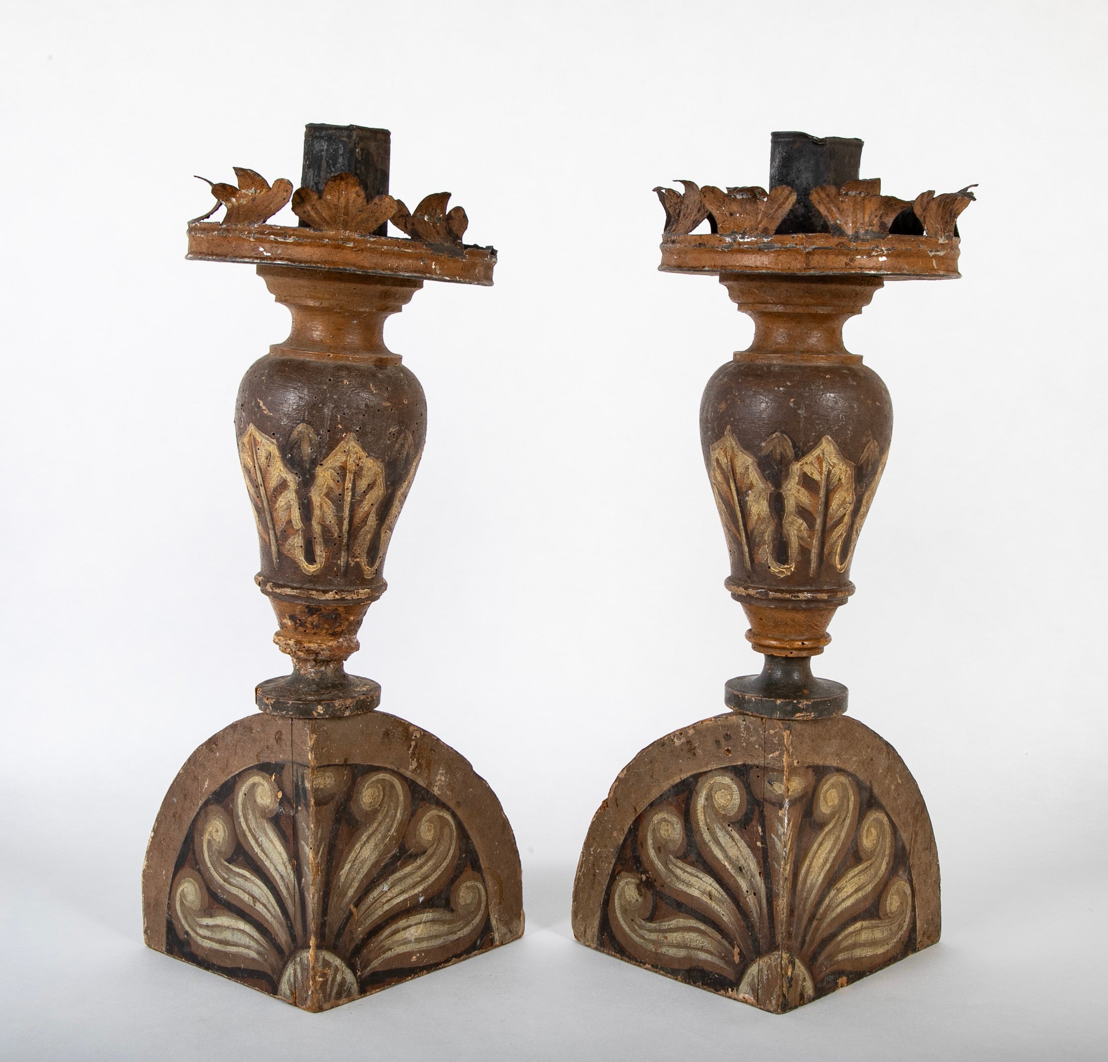 Pair of Carved and Painted 18th Century French Candlesticks