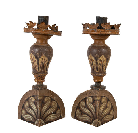 Pair of Carved and Painted 18th Century French Candlesticks