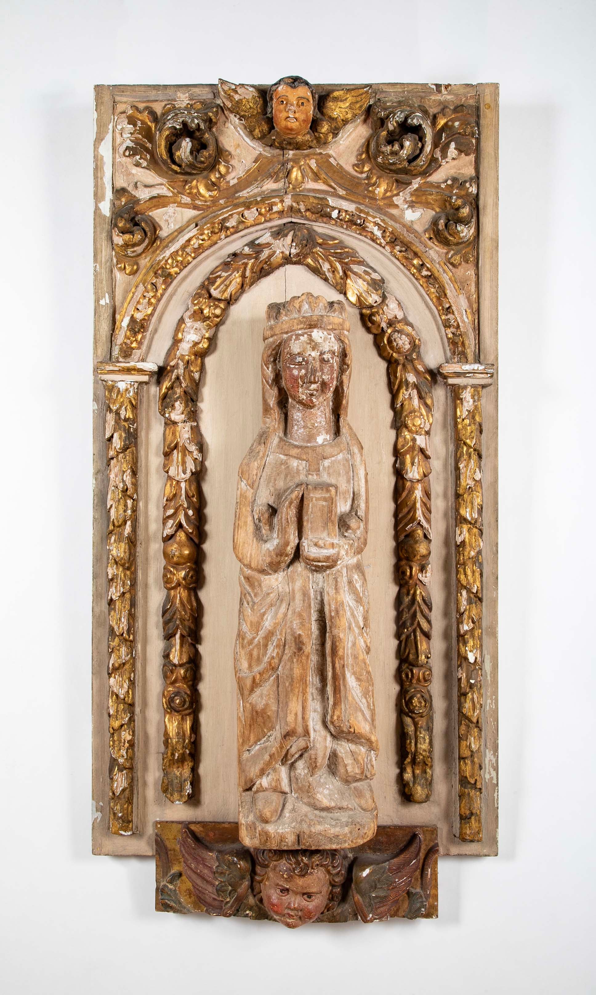 Beautifully Carved Catholic Panneau de Bois with Madonna and Angels