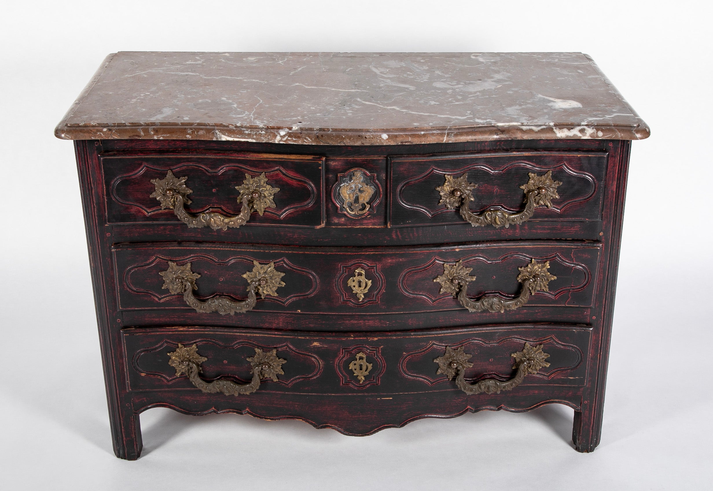French Marble Top Bureau or Chest of Drawers Having Original Hardware