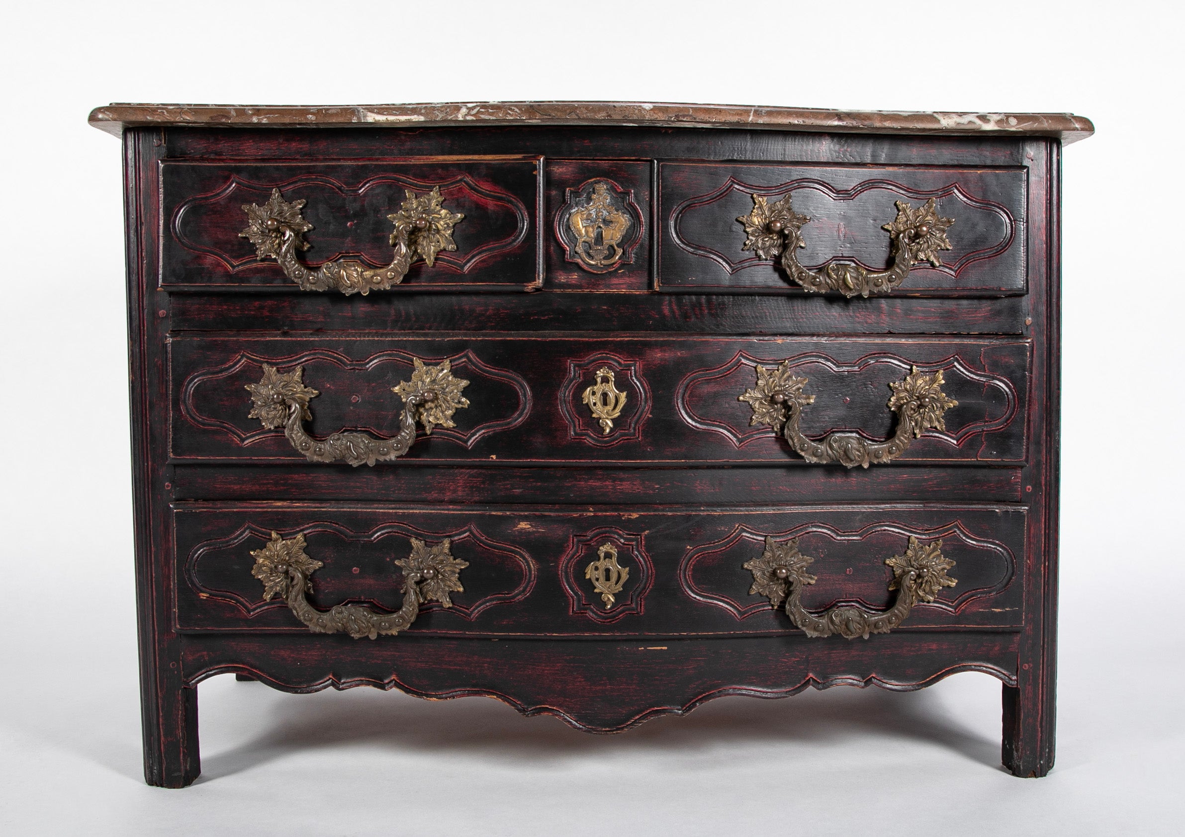 French Marble Top Bureau or Chest of Drawers Having Original Hardware