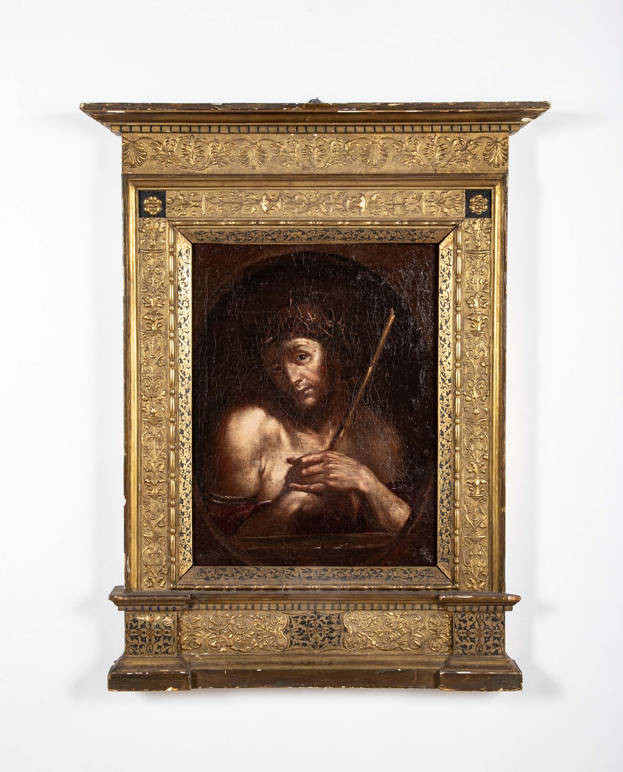 18th Century French Painting of Jesus in Intricately Carved Gilt Wood Frame