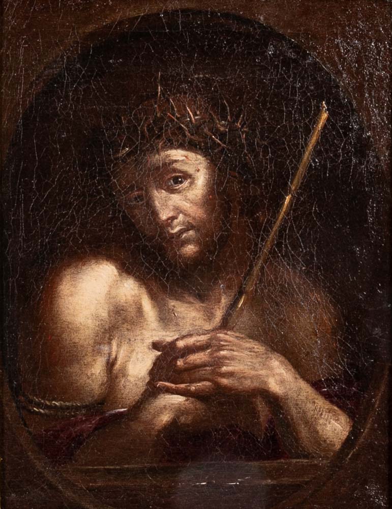 18th Century French Painting of Jesus in Intricately Carved Gilt Wood Frame