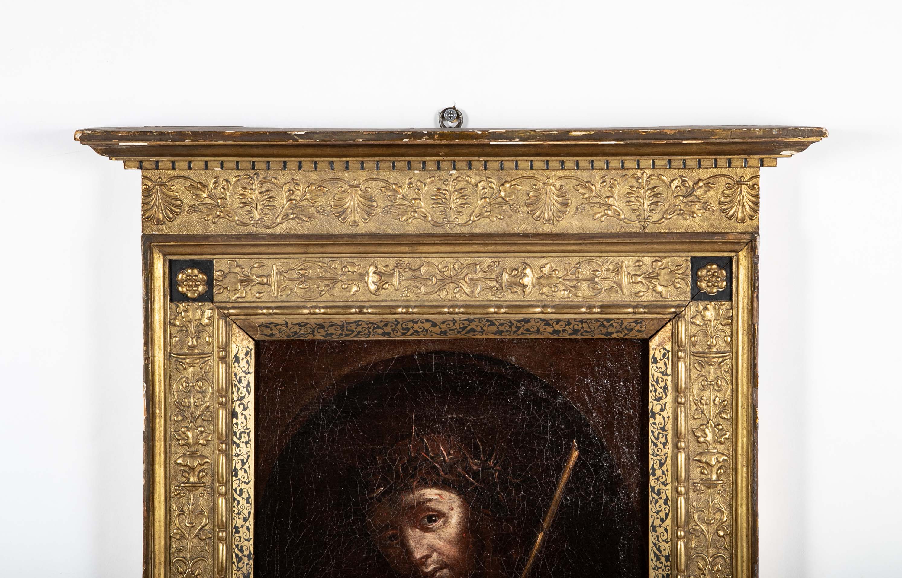 18th Century French Painting of Jesus in Intricately Carved Gilt Wood Frame