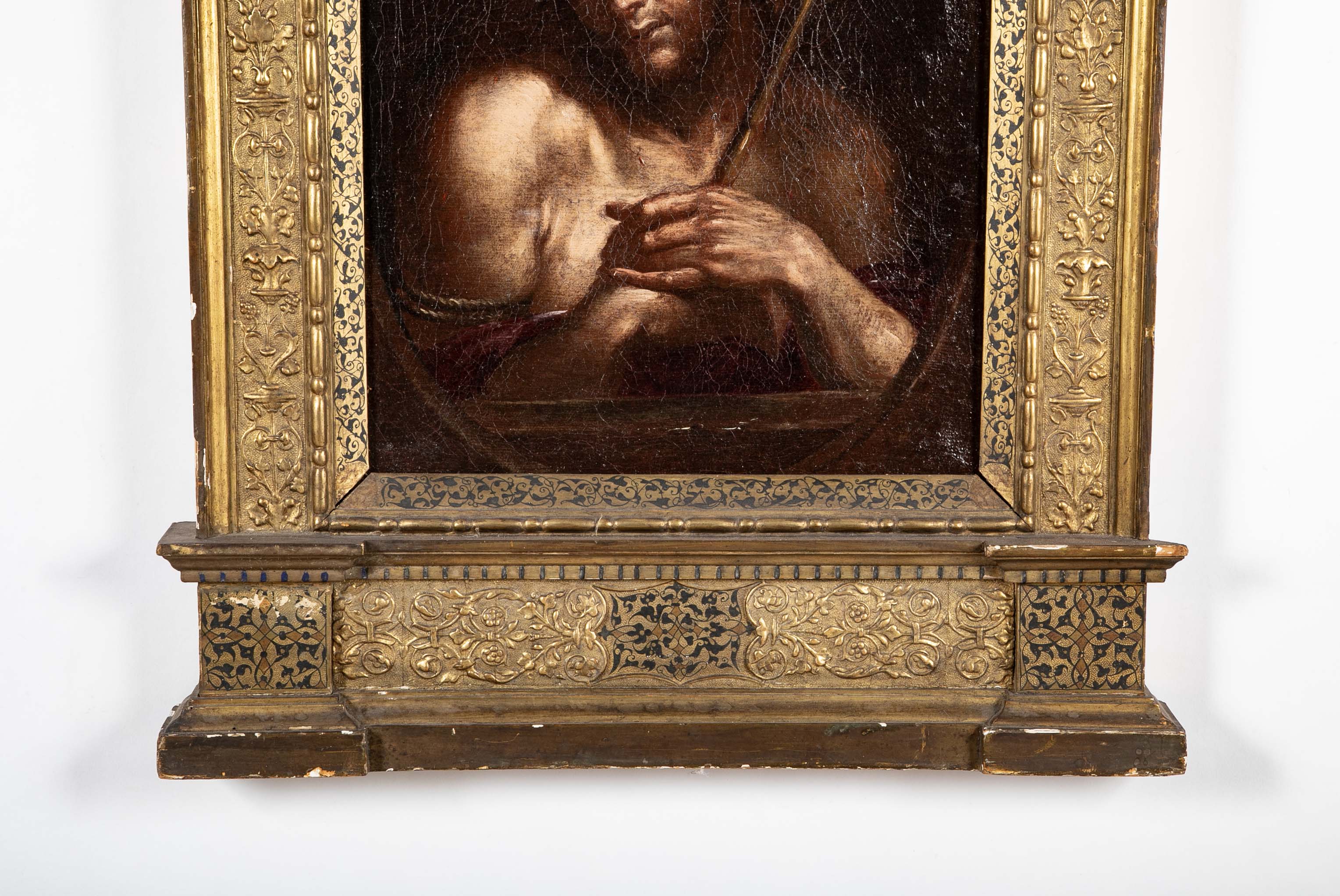 18th Century French Painting of Jesus in Intricately Carved Gilt Wood Frame