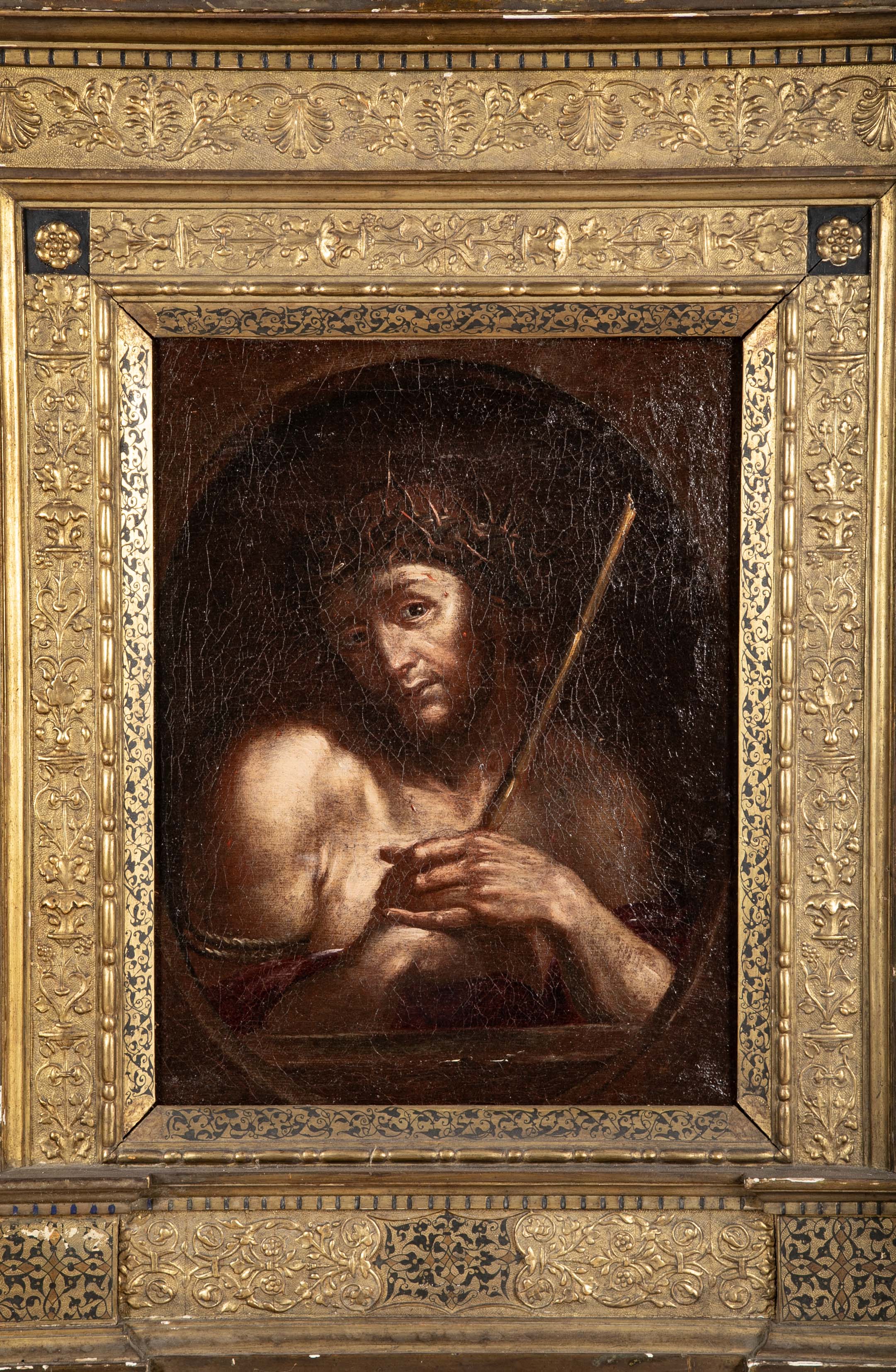 18th Century French Painting of Jesus in Intricately Carved Gilt Wood Frame
